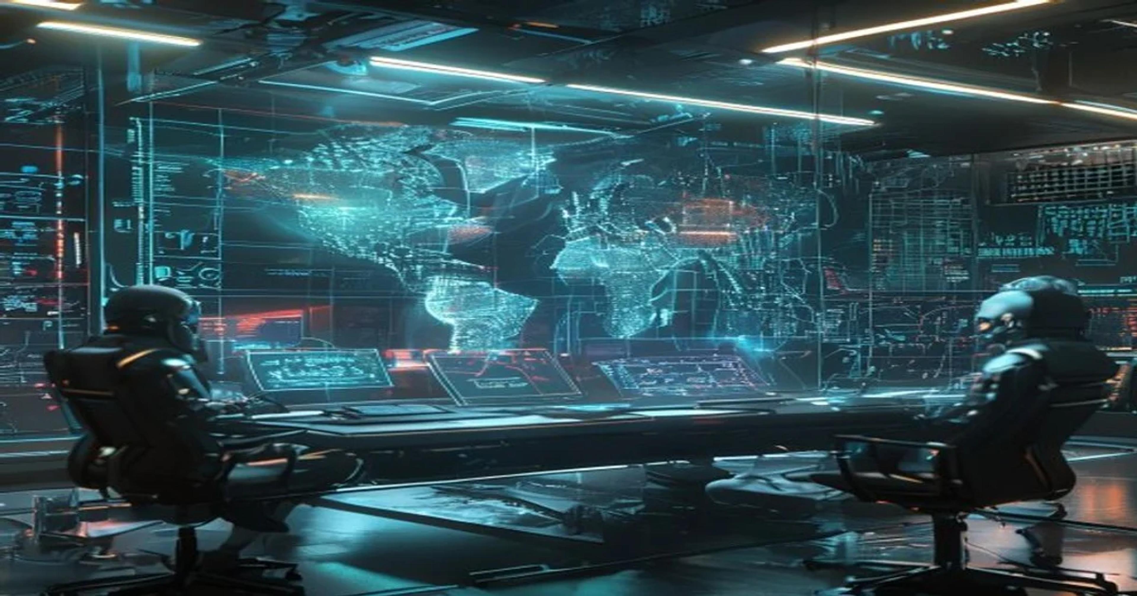 A highly advanced AI control room depicting the new era of cyber conflict and AI warfare.