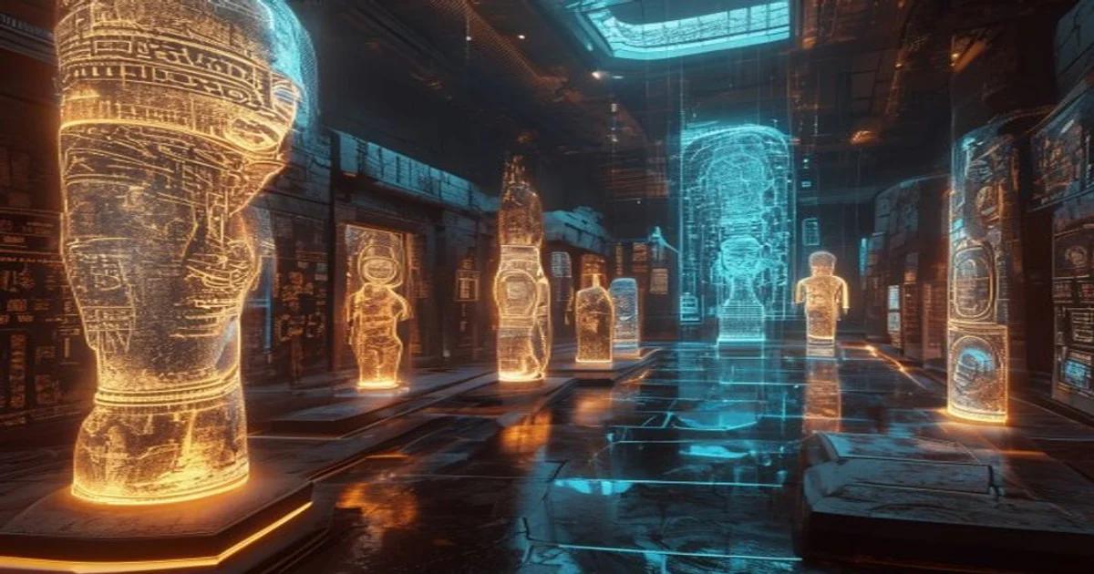 Artificial intelligence digitizing and preserving historical artifacts and cultural heritage in a digital environment.