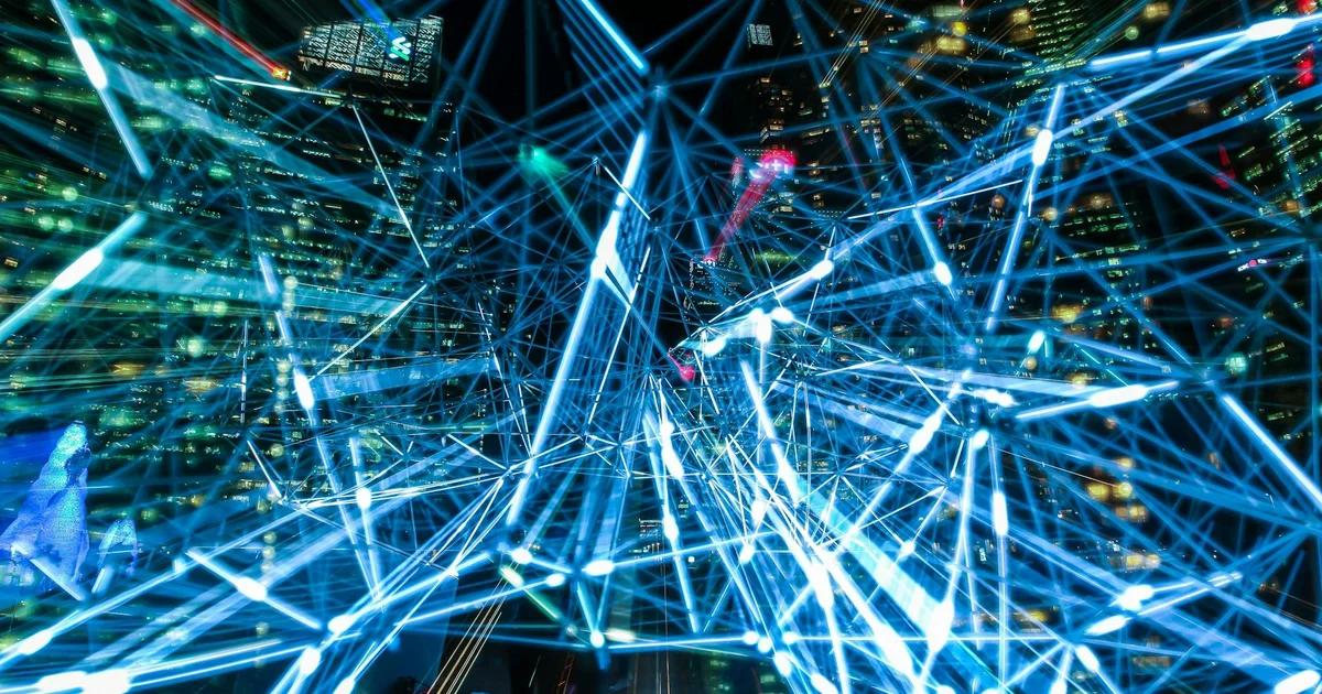 An image depicting a futuristic city with glowing data streams representing an AI managing infrastructure and resources, evoking themes of centralized AI governance.