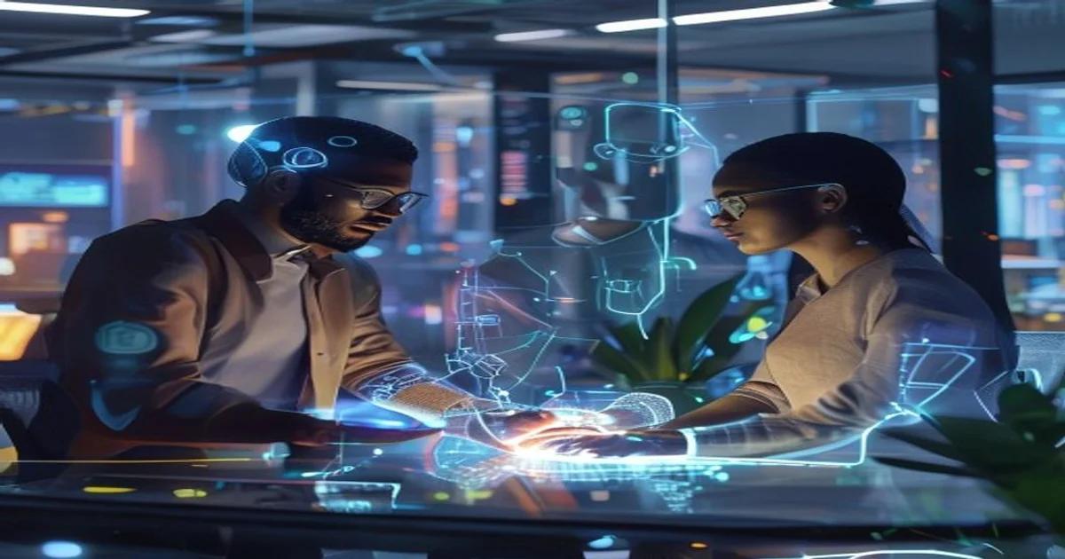 People interacting harmoniously with an advanced AI, signifying human-AI social intelligence.