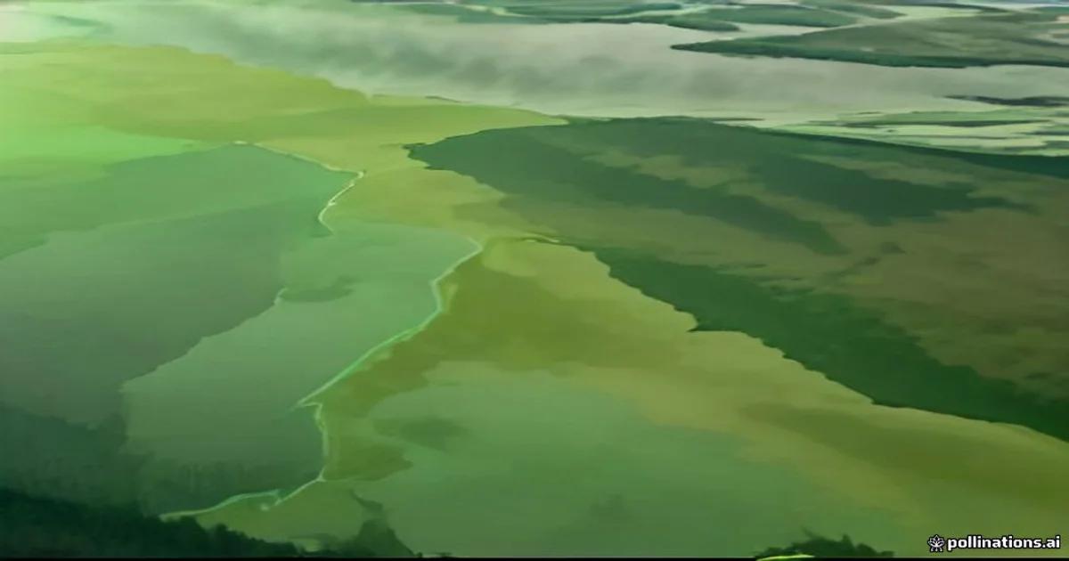 A glowing digital interface displaying real-time wildlife movement patterns over a lush green forest landscape at dusk.