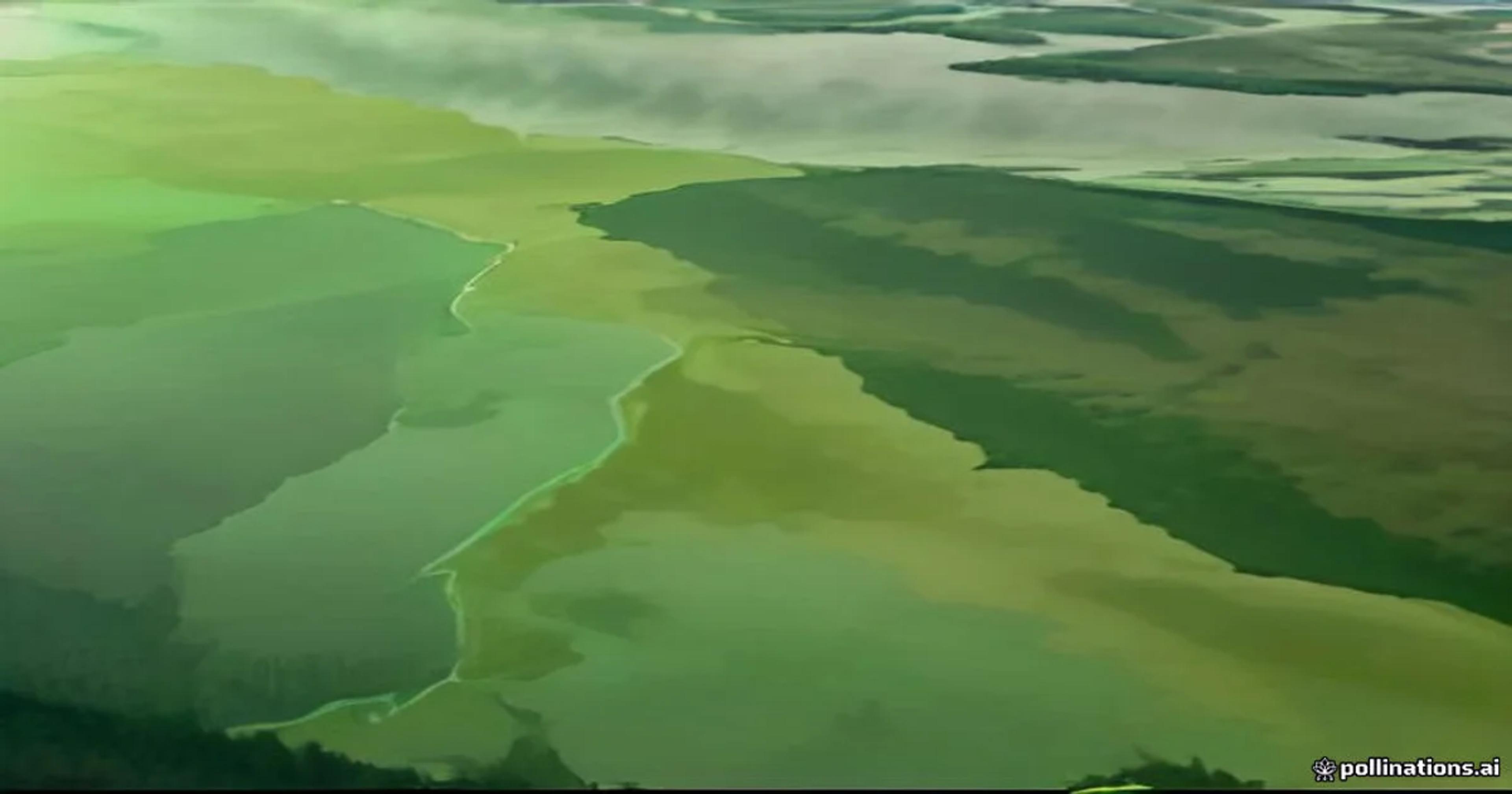 A glowing digital interface displaying real-time wildlife movement patterns over a lush green forest landscape at dusk.