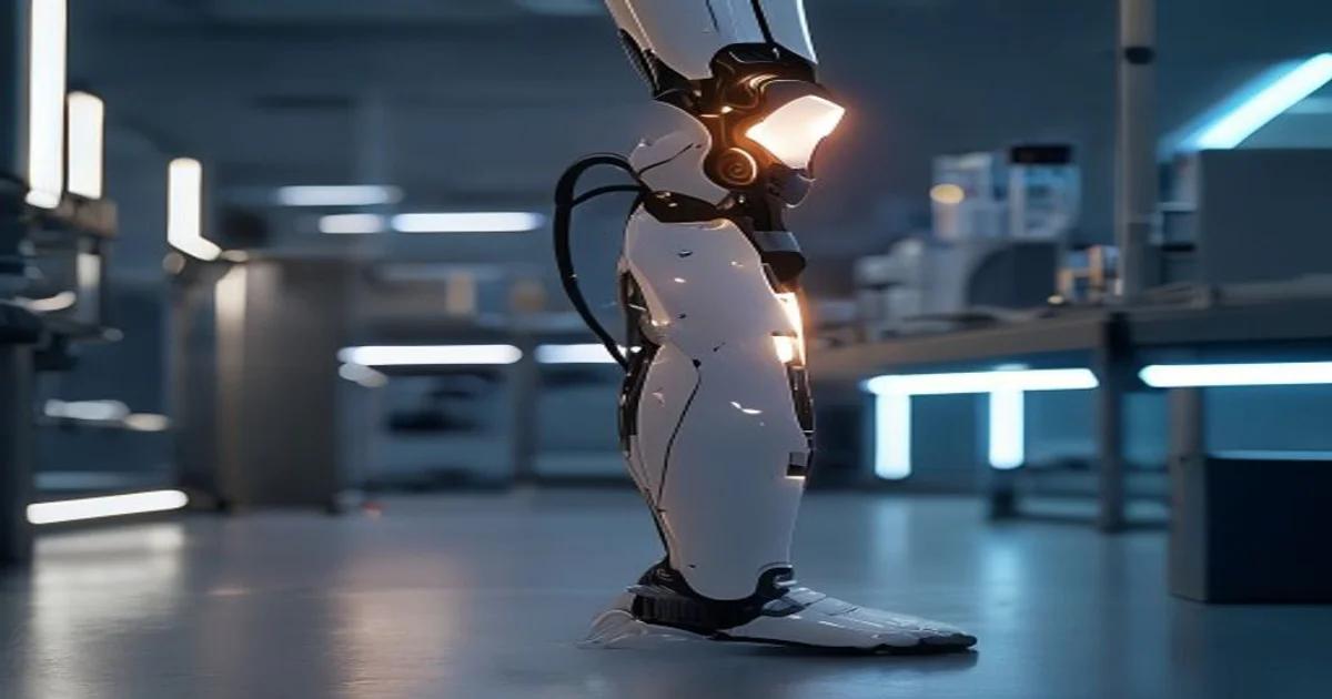 A high-tech bionic prosthetic limb being tested in a clinical environment with sensors.