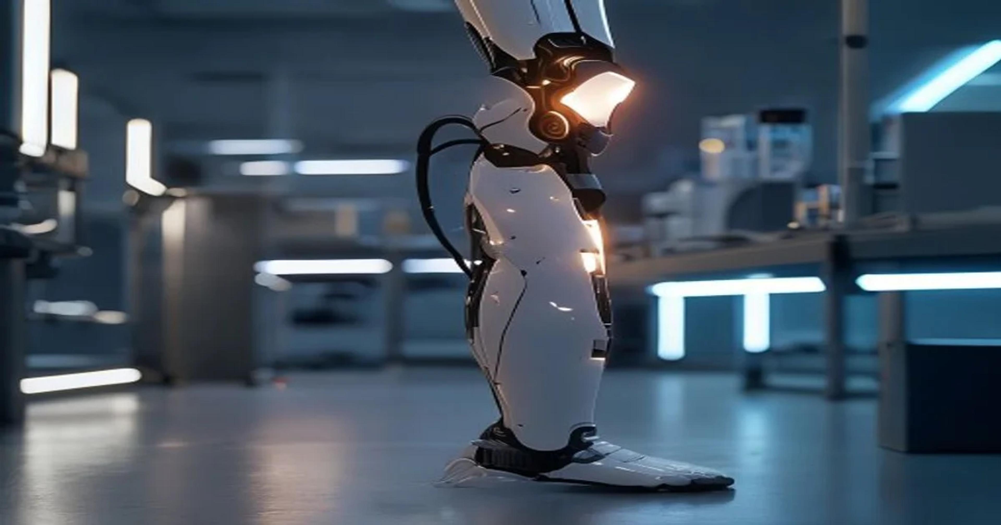 A high-tech bionic prosthetic limb being tested in a clinical environment with sensors.