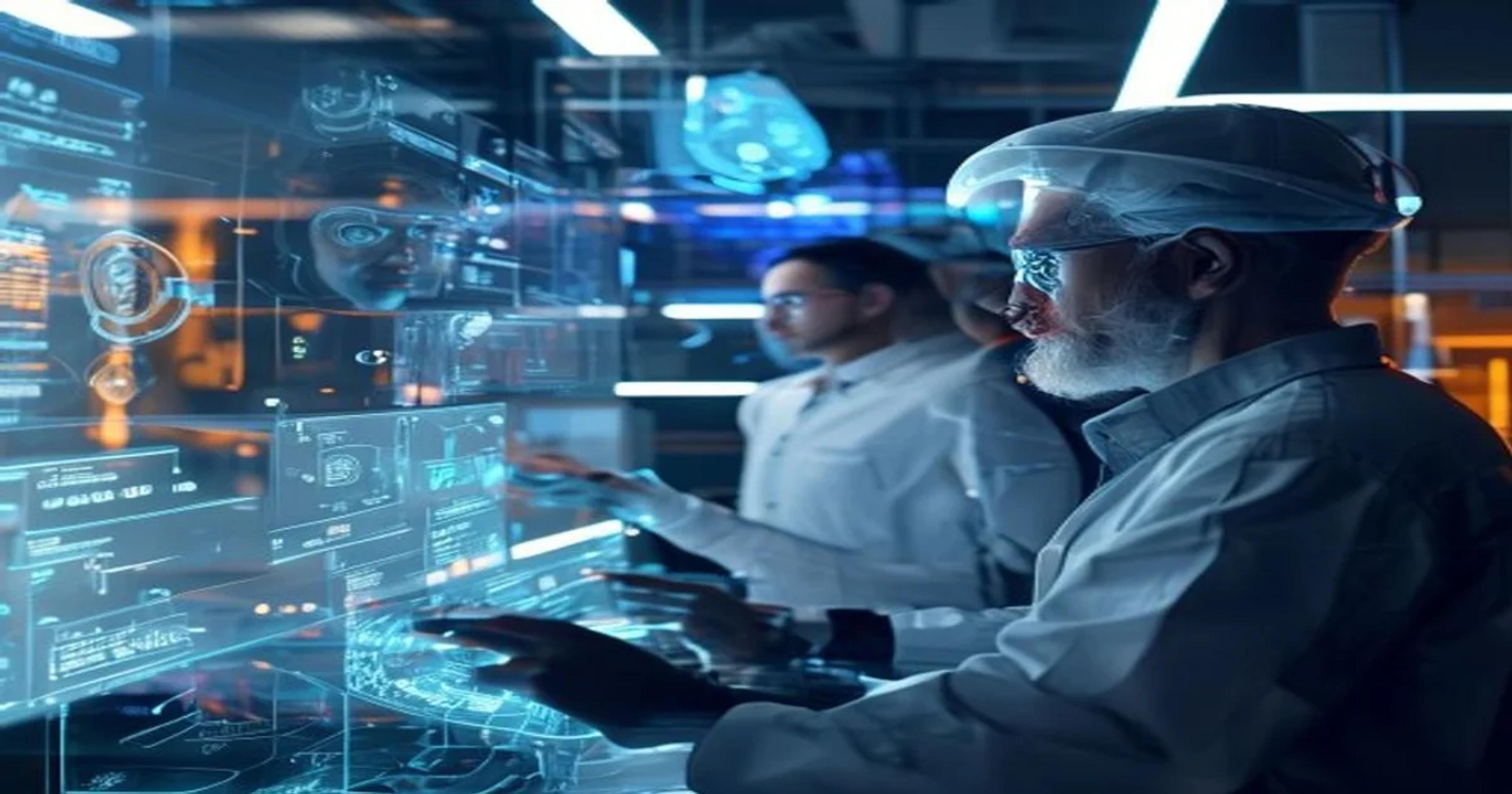 Illustration of AI researchers conducting pre-release model validation and risk assessment in a secure, high-tech environment.