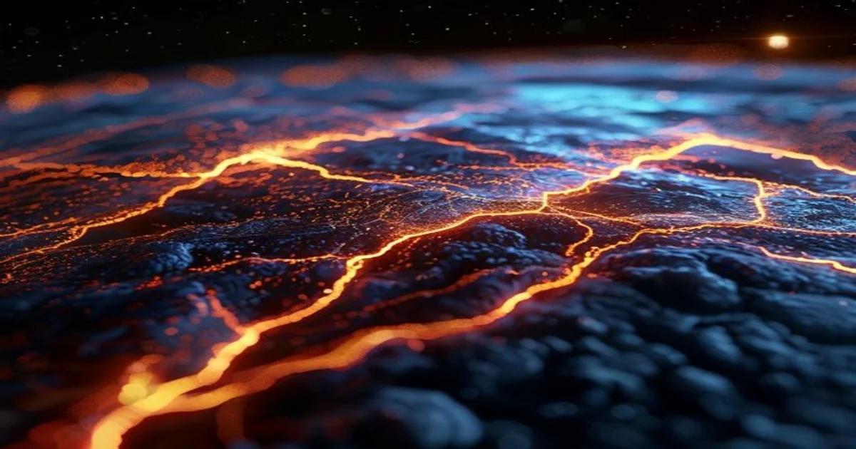 A high-tech digital representation of tectonic plates showing stress accumulation through AI analysis.