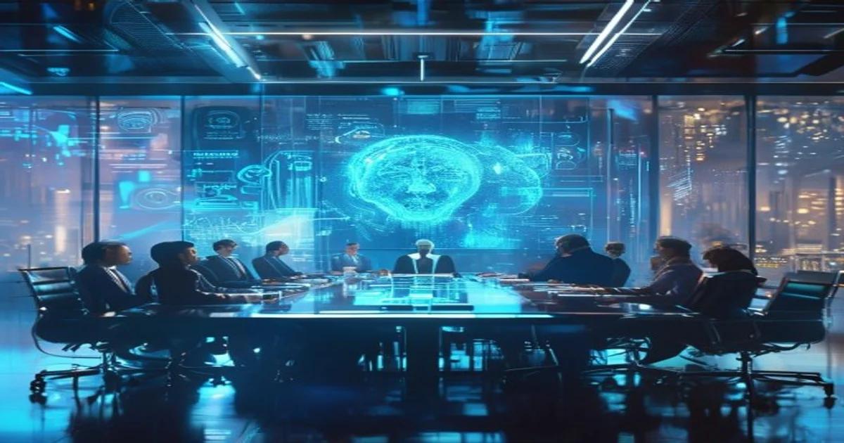 A diverse group of executives in a modern boardroom collaborating around holographic AI models, symbolizing strategic AI leadership.