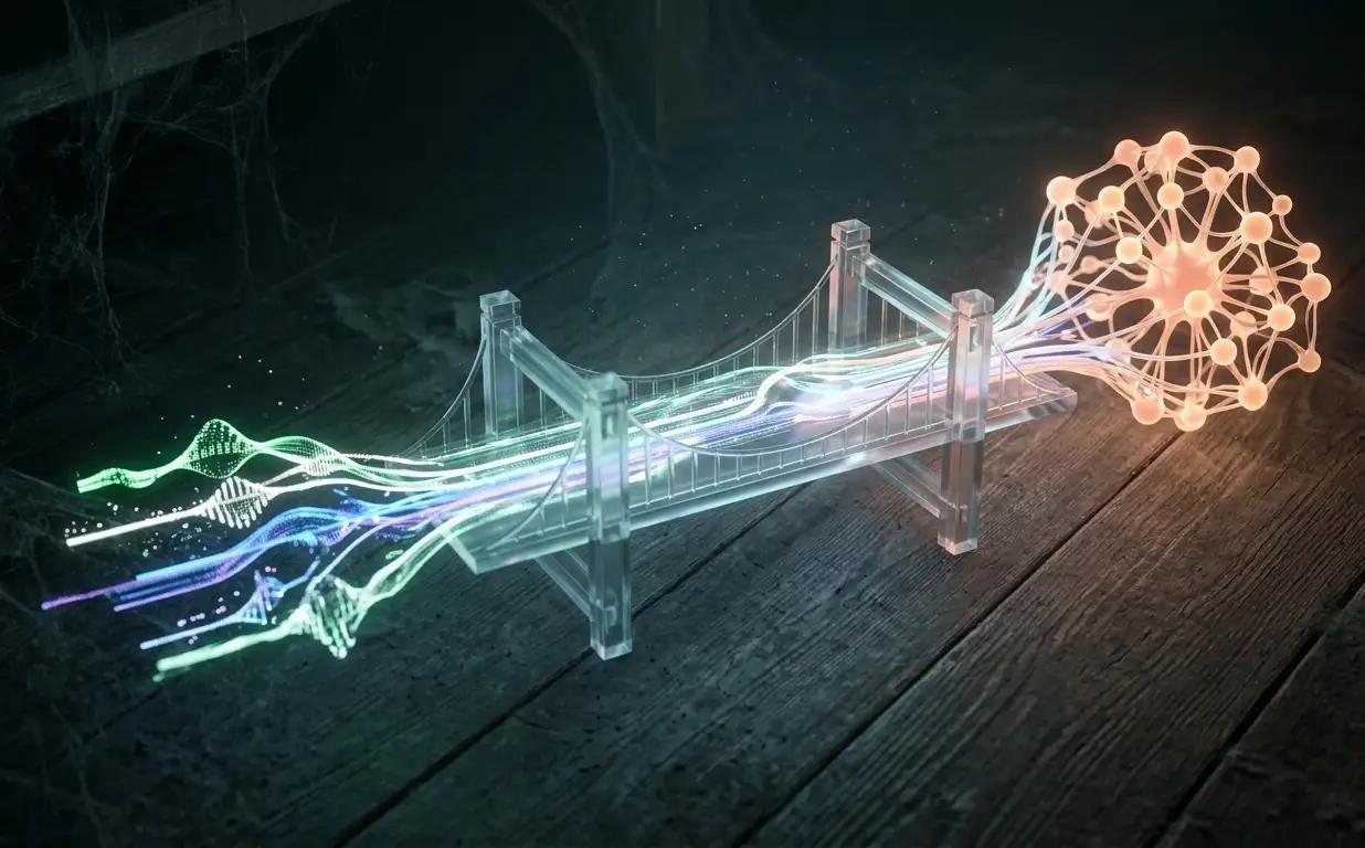 A 3D conceptual graphic illustrating seamless AI data transfer. Glowing streams of green and blue digital information represent ChatGPT and Gemini data, flowing across a high-tech bridge into a warm orange neural network symbolizing Anthropic's Claude. Represents the new AI memory import feature