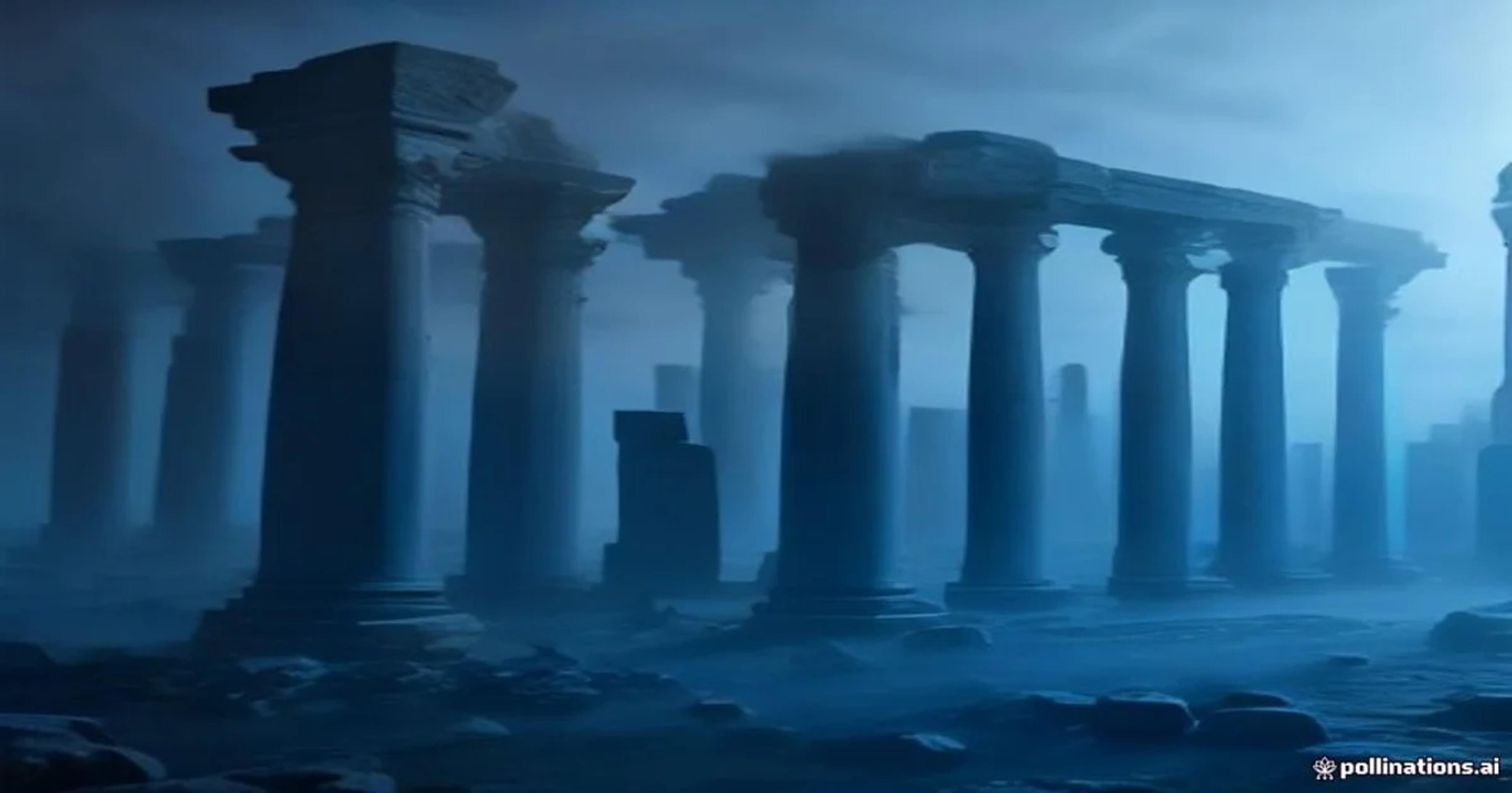A futuristic depiction of an archaeological site using predictive AI to visualize ruined structures.