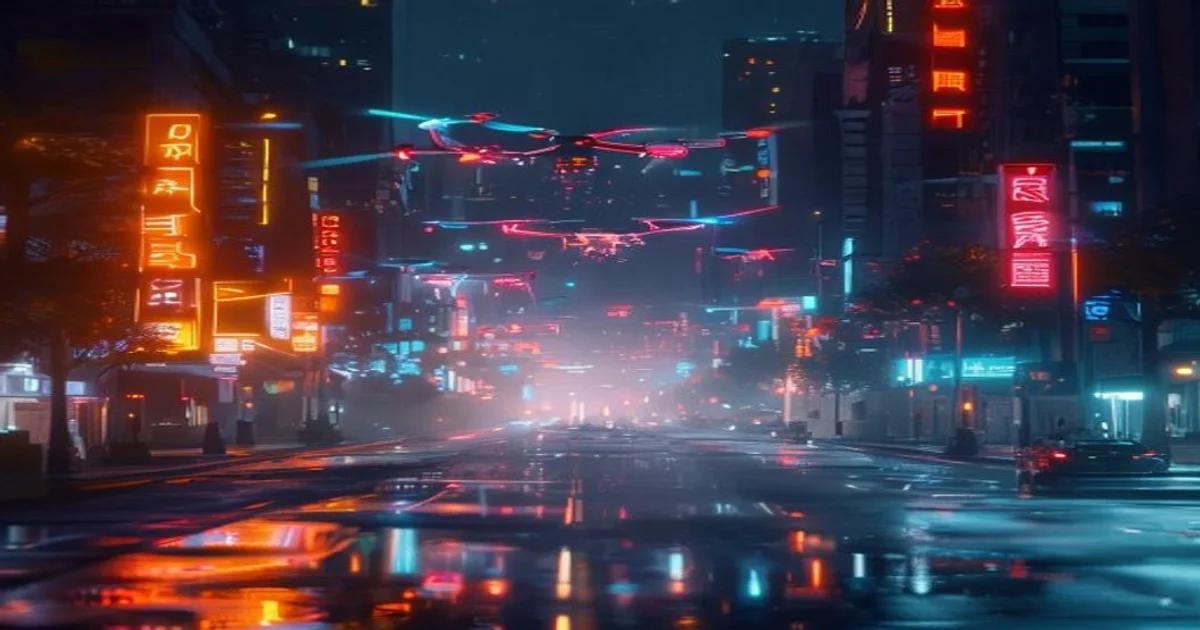 An illuminated smart city street at night monitored by advanced AI security systems.