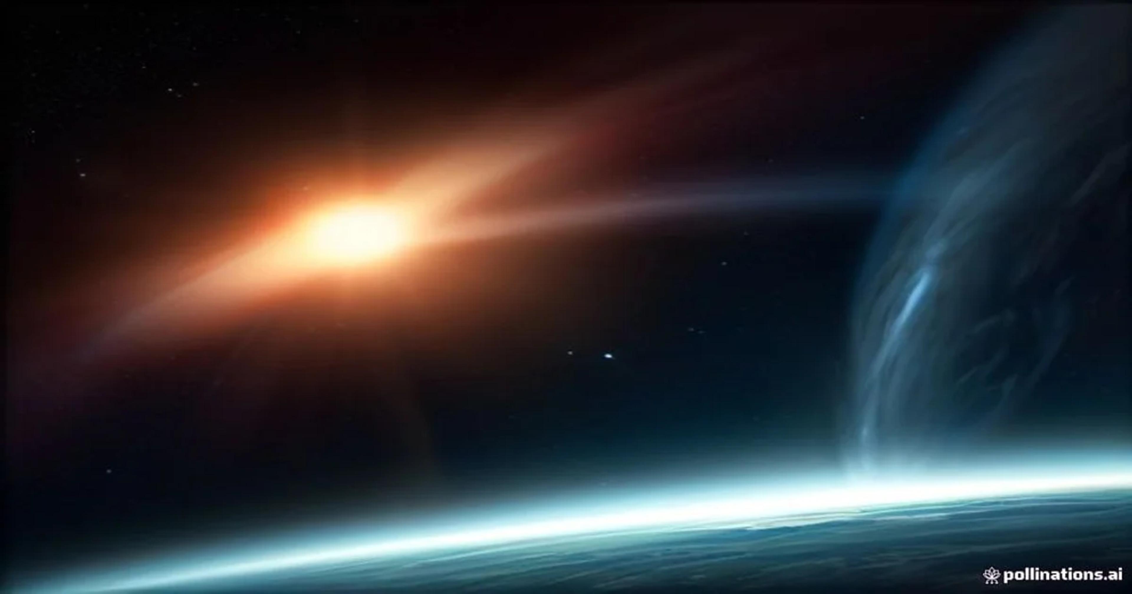 An artistic representation of an AI-powered satellite array protecting Earth from asteroids.