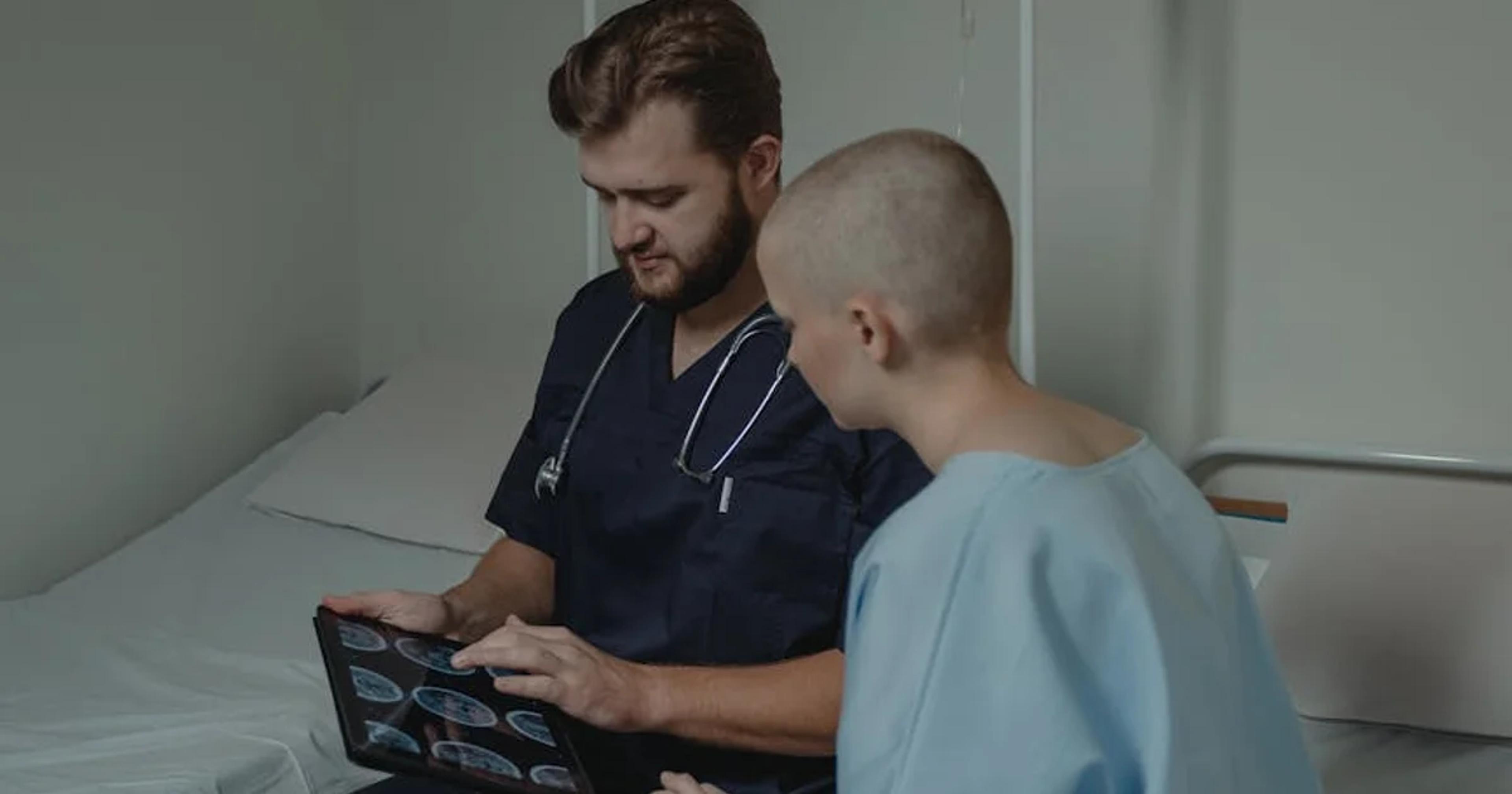 Artificial intelligence systems assisting oncologists in a state-of-the-art laboratory, analyzing complex medical data.