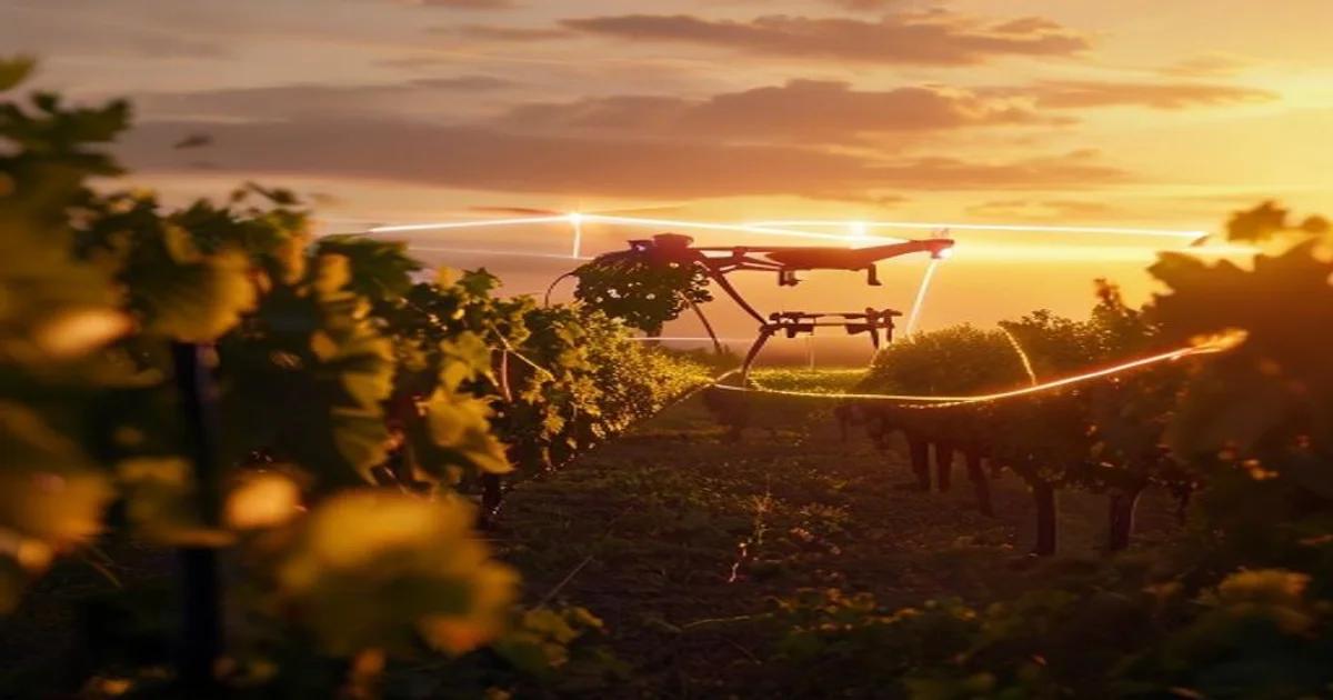 A high-tech aerial drone mapping vineyard health with precision sensors and thermal imaging software.