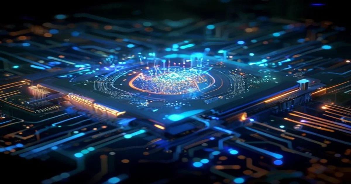 Illustration of a quantum computer's core integrated with glowing AI neural pathways, symbolizing advanced computational fusion.