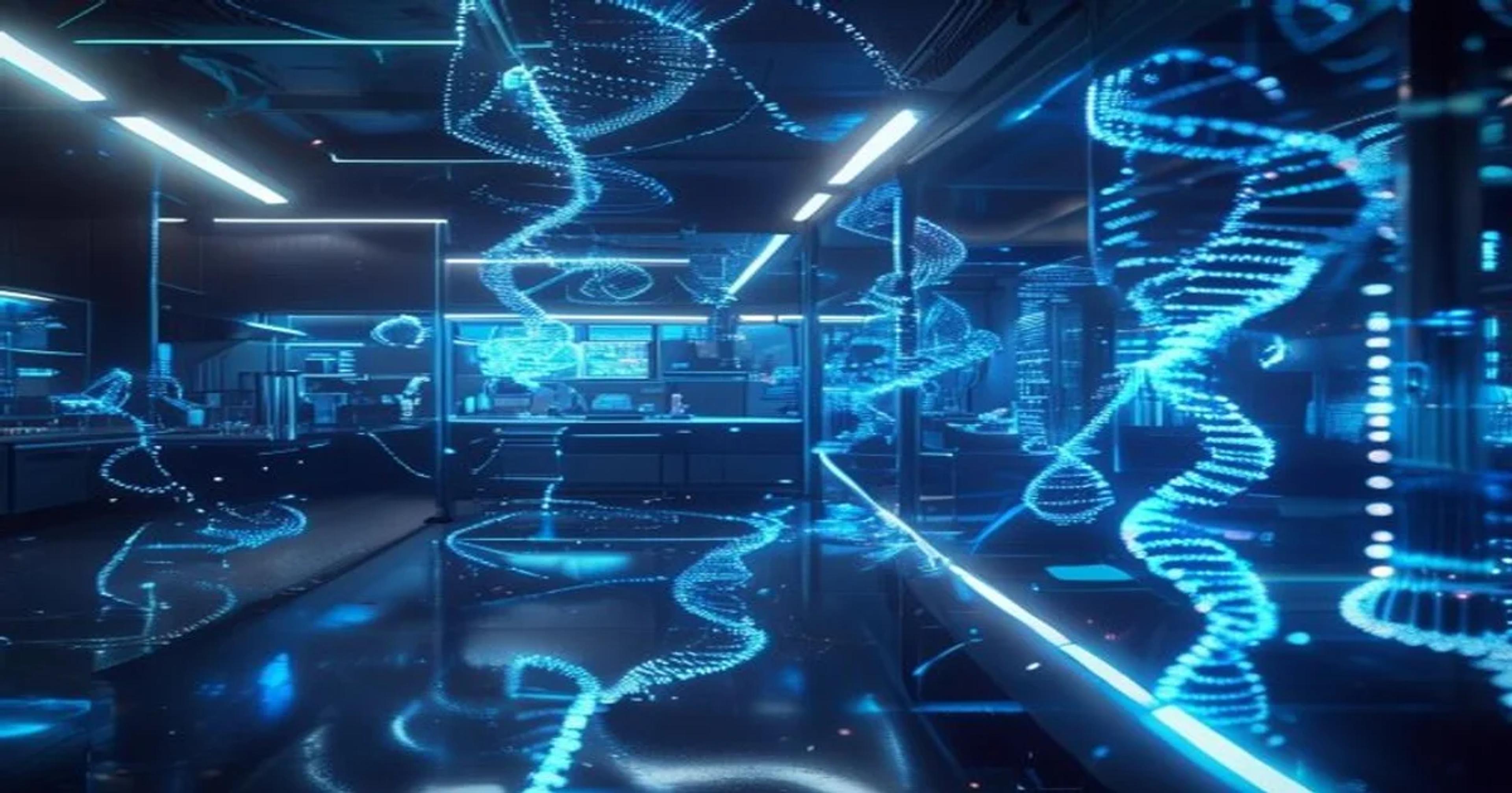 A conceptual representation of AI algorithms analyzing complex DNA genetic markers for forensic investigations.