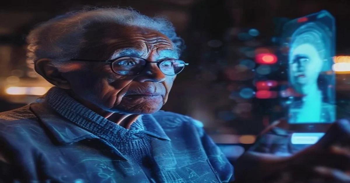 An elderly person worried about an AI fraud call displayed on a screen.