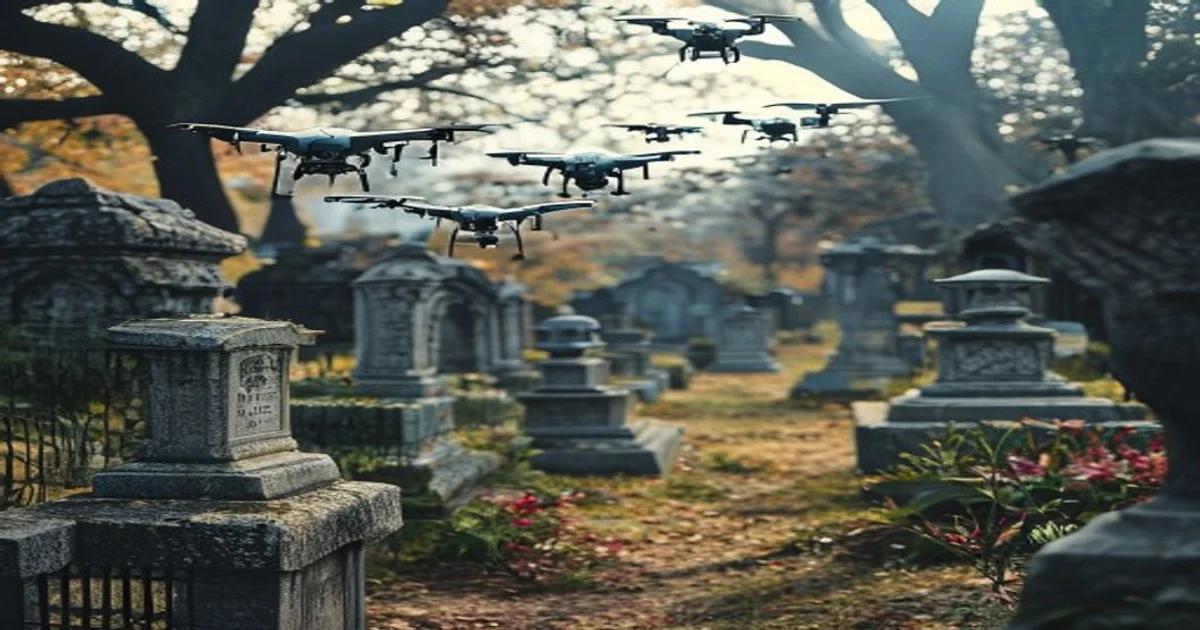 An autonomous drone scanning a stone monument in a historic cemetery setting at sunset.