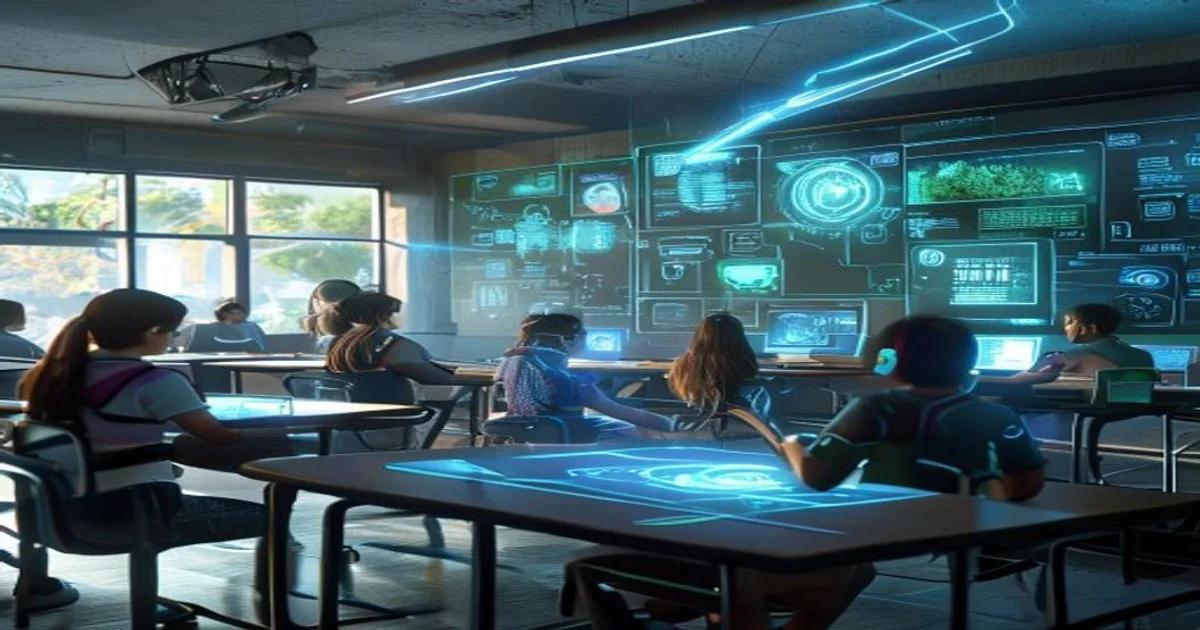 Students in a modern classroom engaging with advanced AI interfaces, reflecting the future of education.