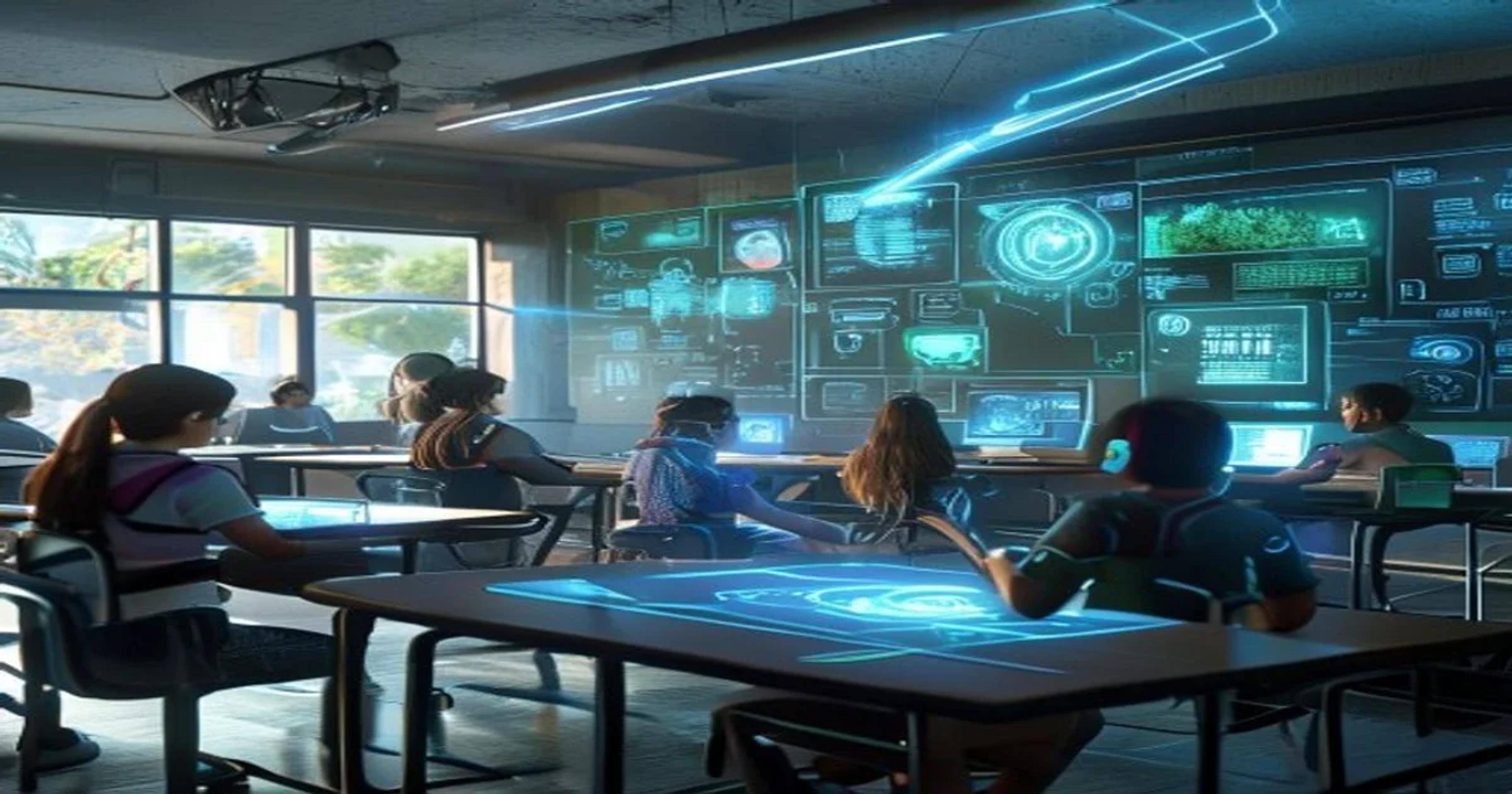 Students in a modern classroom engaging with advanced AI interfaces, reflecting the future of education.
