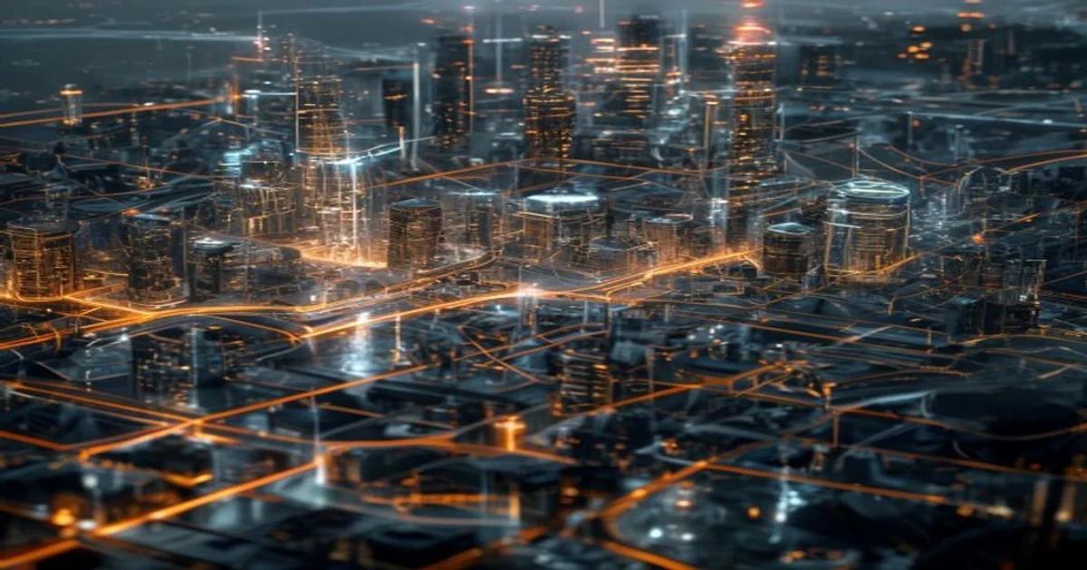 A futuristic city interface showing AI-driven infrastructure prioritization data mapped across a digital urban layout.