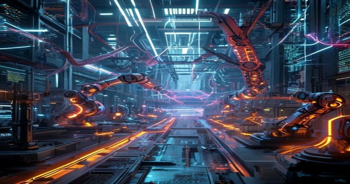 Illustration of an AI factory industrializing discovery processes with advanced robotics and data flowing.