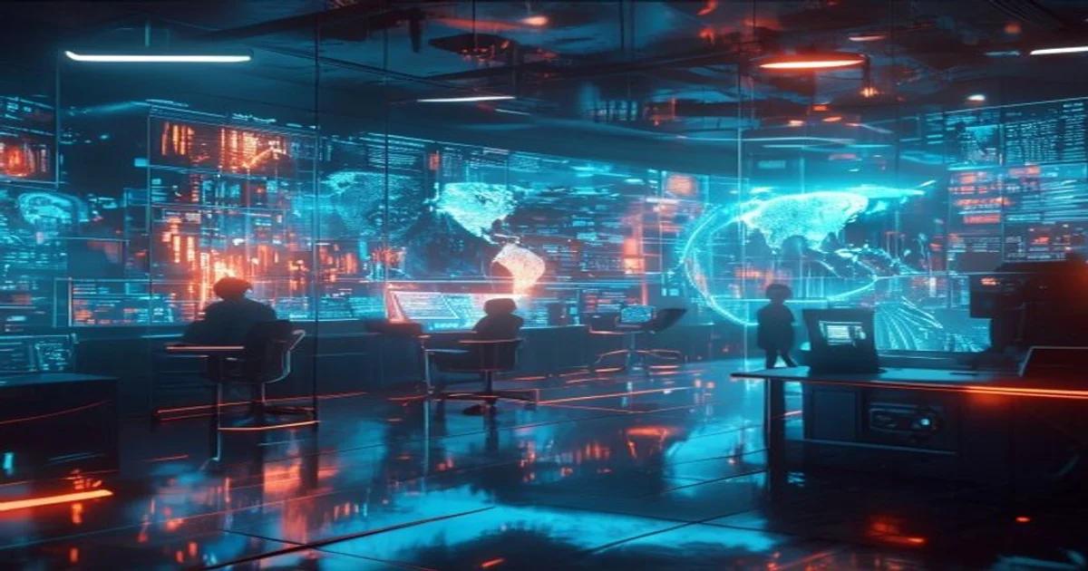 A modern, high-tech newsroom environment integrating artificial intelligence systems for ethical data analysis.