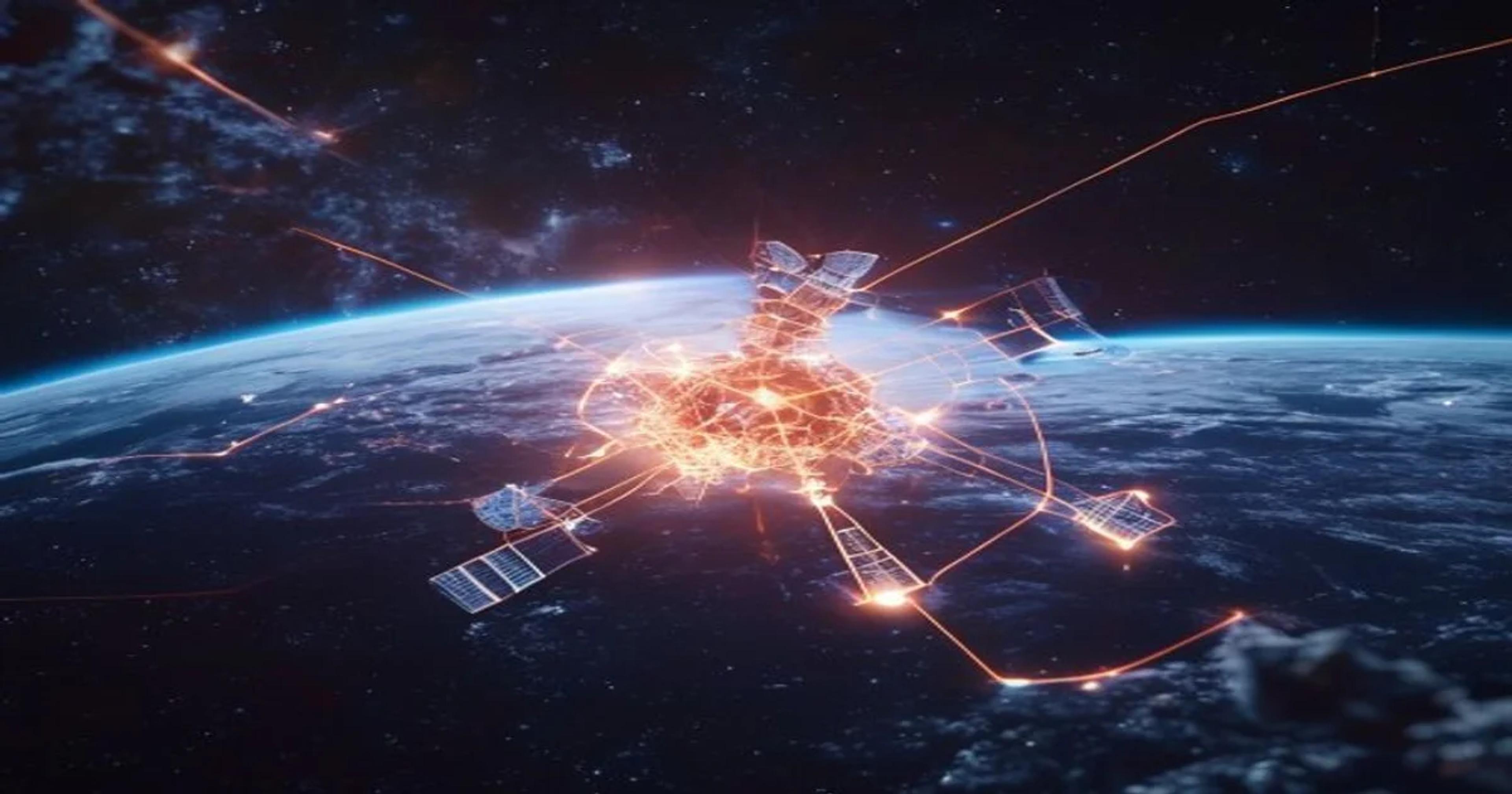 A futuristic satellite orbiting Earth with digital data visualizations representing AI diagnostic monitoring.