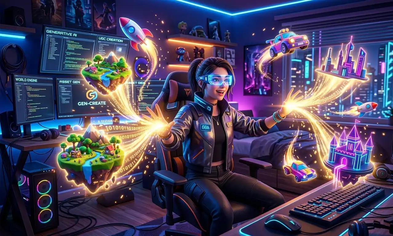 A futuristic illustration of a young creator using augmented reality and AI to magically build vibrant 3D worlds and games with glowing code right in their bedroom