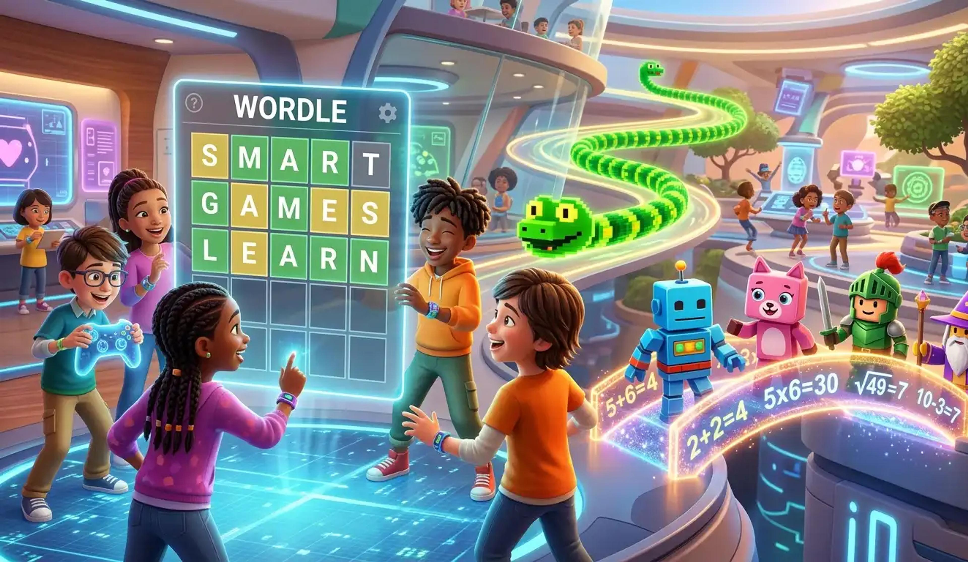 A colorful and highly detailed 3D visualization of a futuristic, gamified classroom, showing students interacting with holographic interfaces, Wordle puzzles, Roblox-style avatars, and digital educational games, representing the future of EdTech in 2026