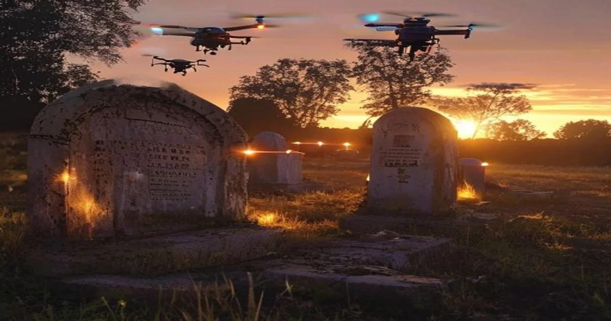 An autonomous drone scanning a stone monument in a historic graveyard at sunset for preservation analysis.