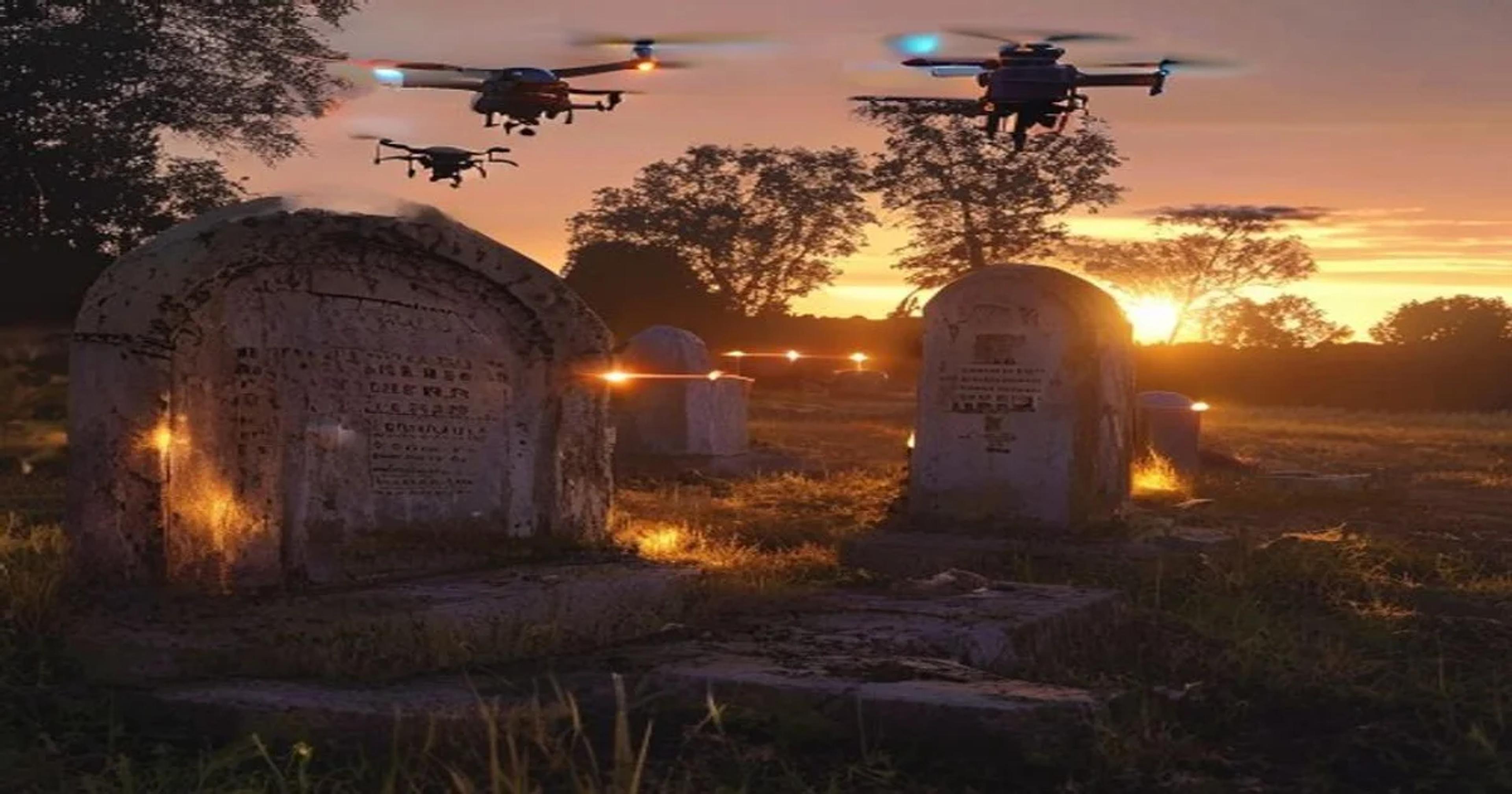 An autonomous drone scanning a stone monument in a historic graveyard at sunset for preservation analysis.