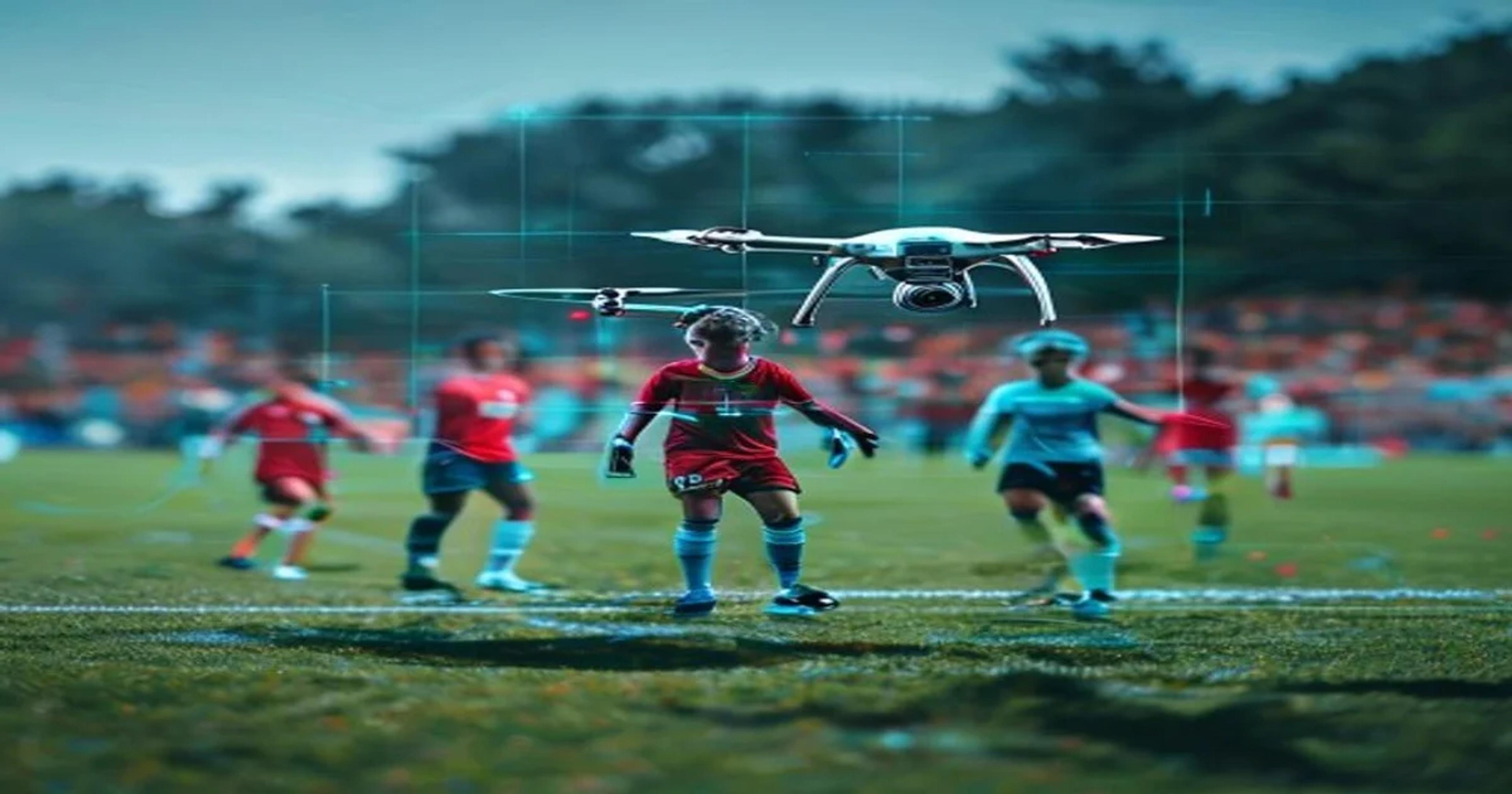 A futuristic sports field with digital data analytics projected onto athletes during a practice session.