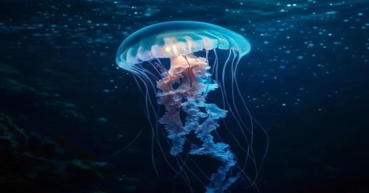 Autonomous underwater vehicle scanning bioluminescent organisms in the deep ocean depths.