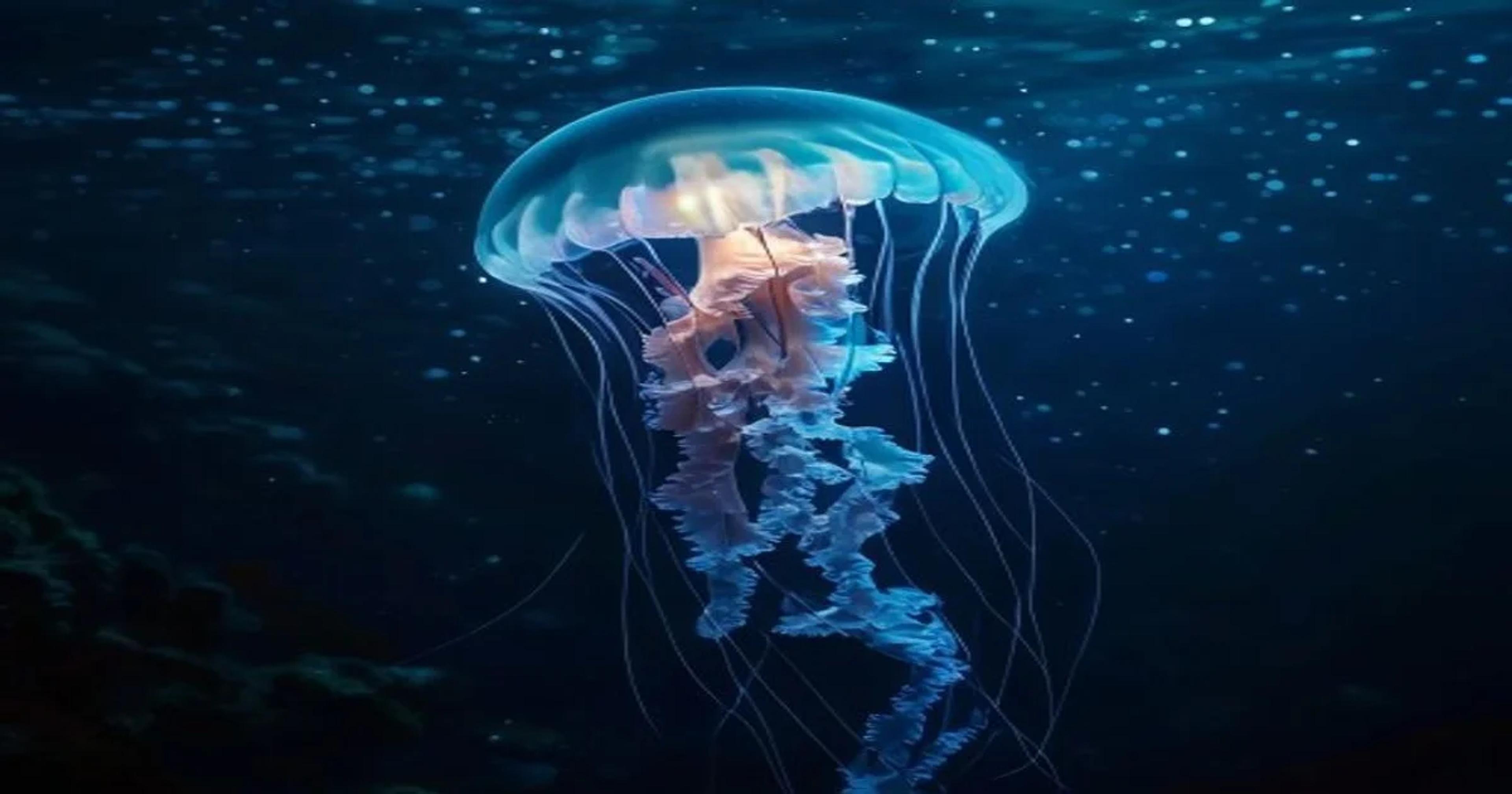 Autonomous underwater vehicle scanning bioluminescent organisms in the deep ocean depths.