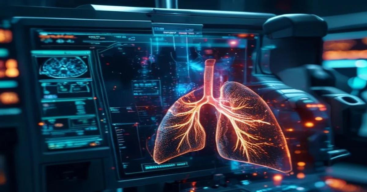 AI technology analyzing lung CT scans for cancer detection with glowing data visualizations.