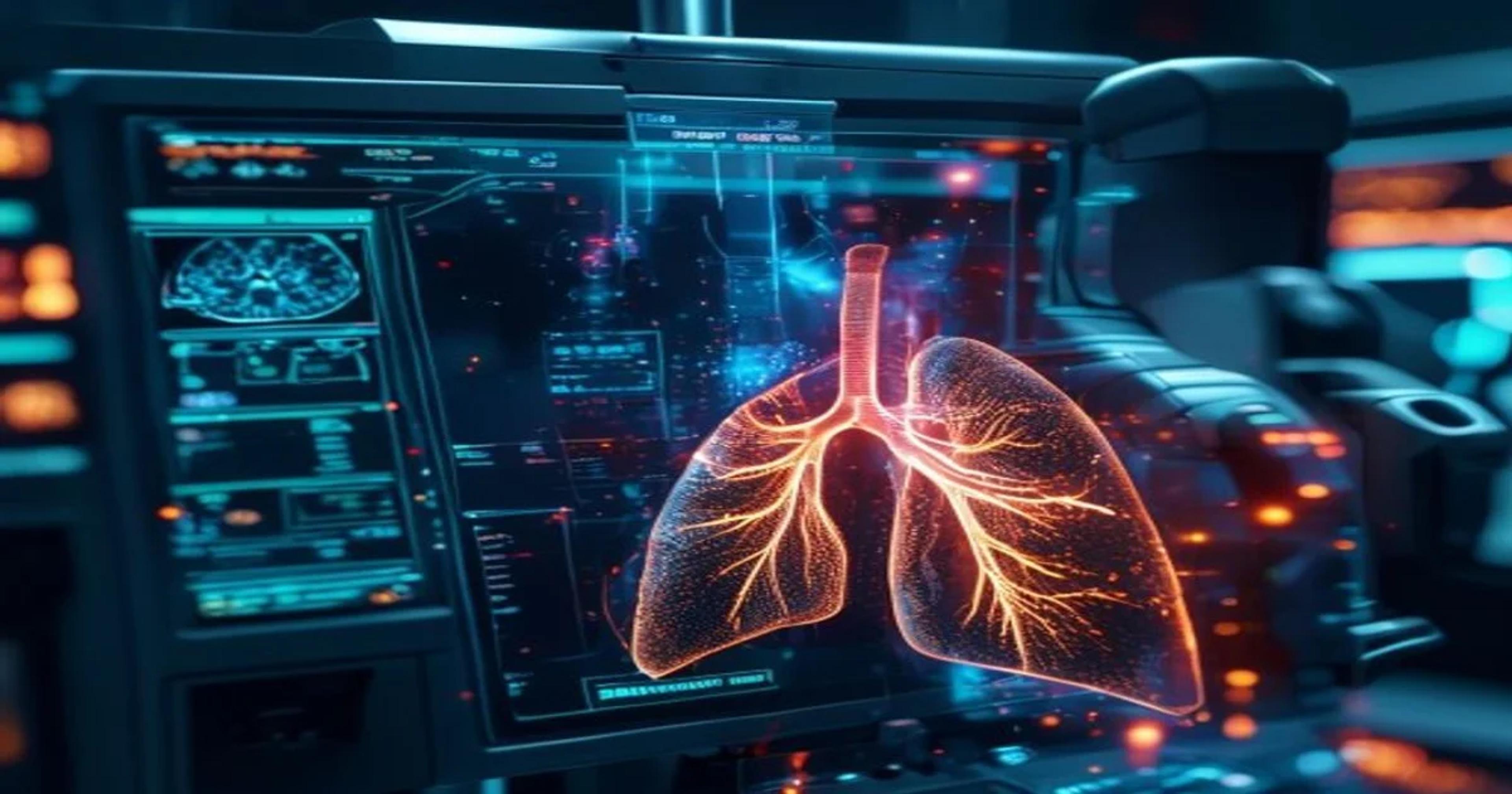 AI technology analyzing lung CT scans for cancer detection with glowing data visualizations.