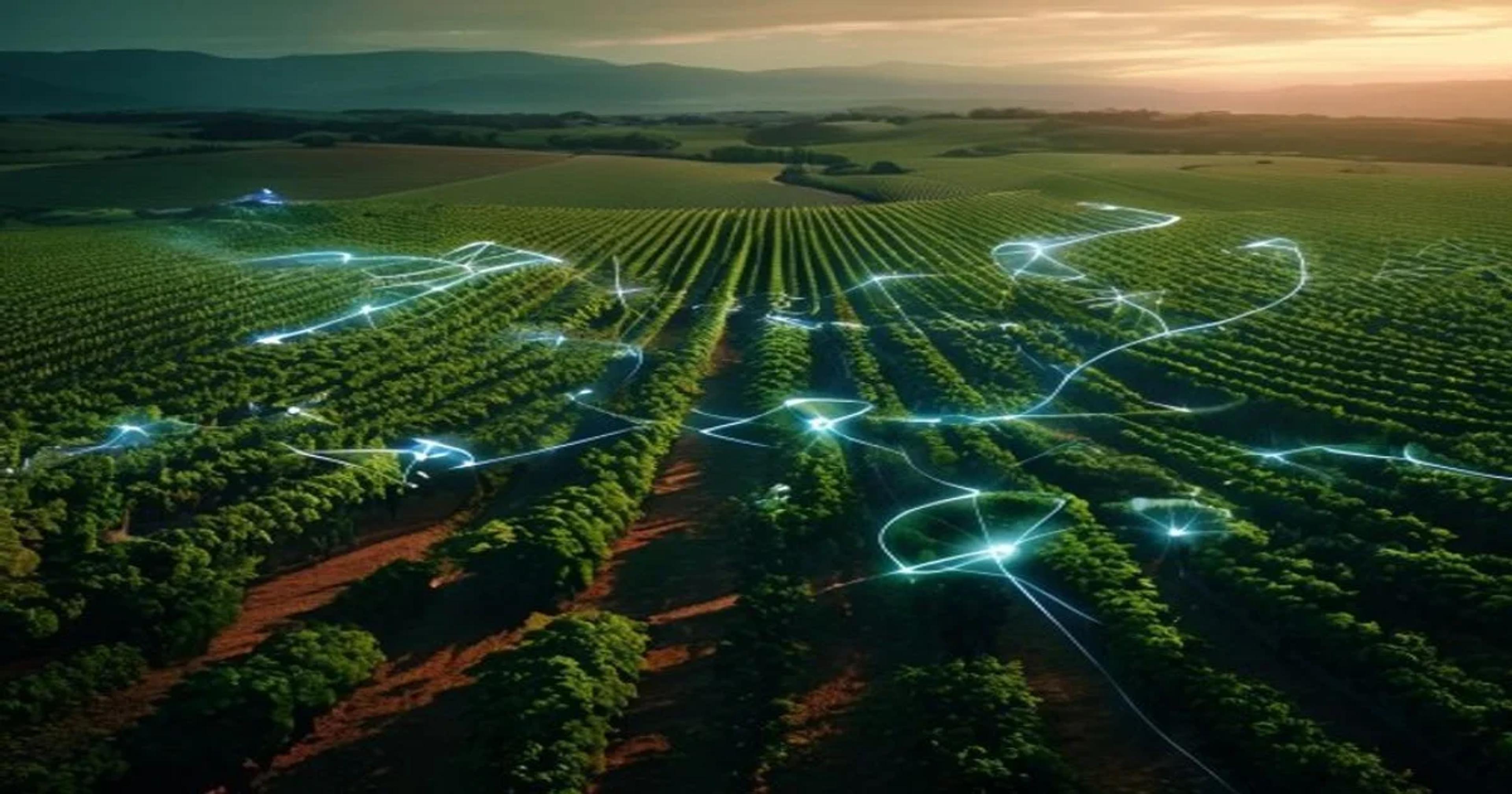 Aerial view of a vineyard being monitored by AI-enabled drones for precision viticulture analytics.