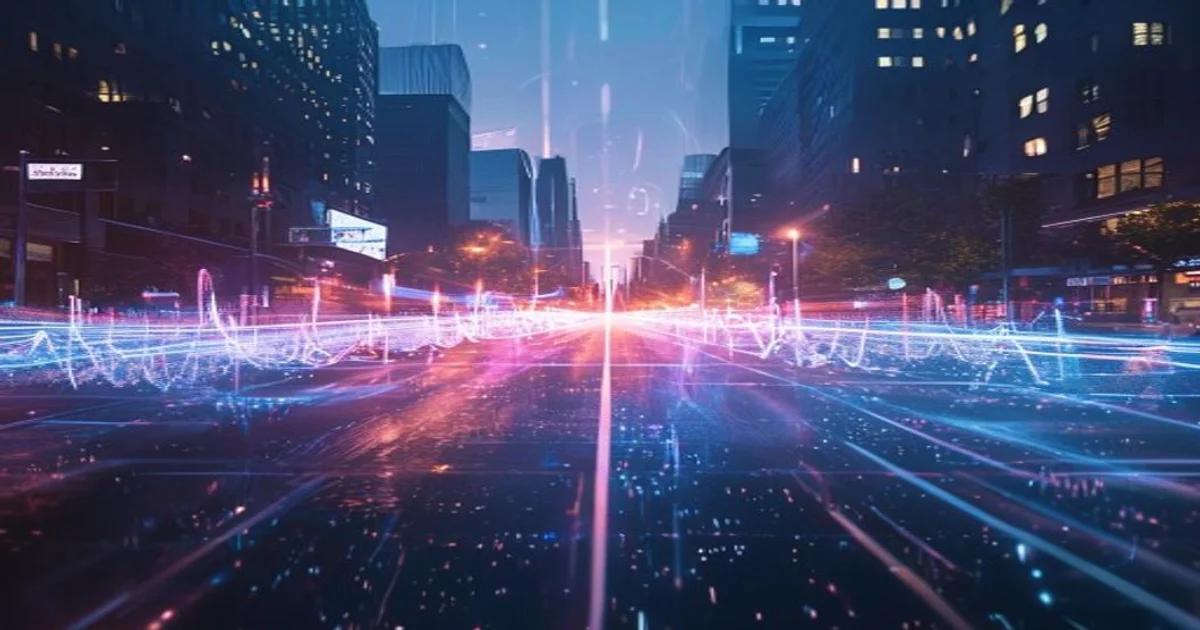 Holographic sound wave visualizations hovering over a modern city street during the day.