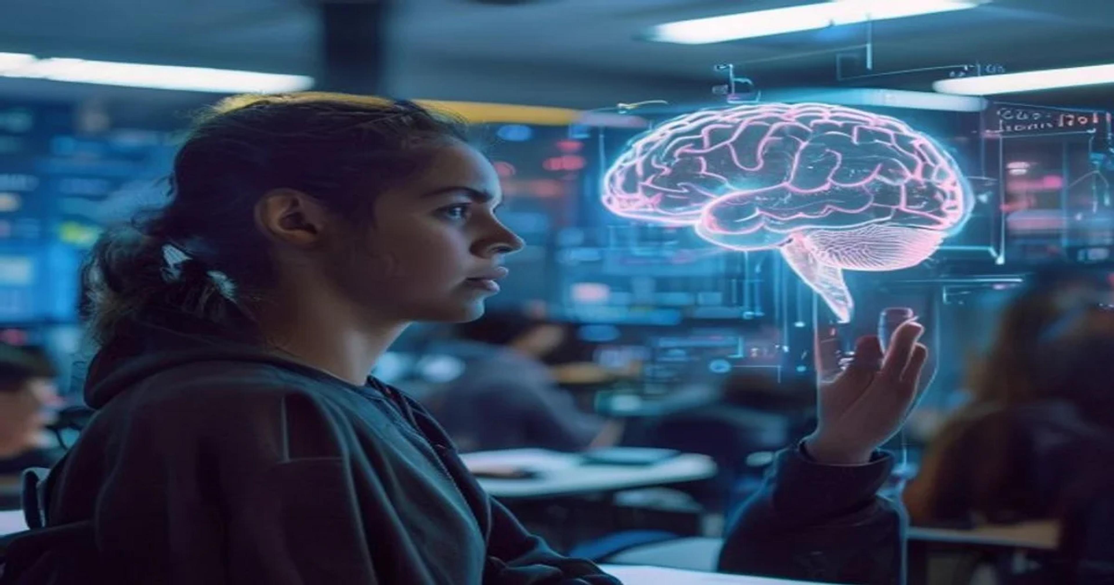 A student engaging with advanced artificial intelligence learning interfaces in a modern classroom.