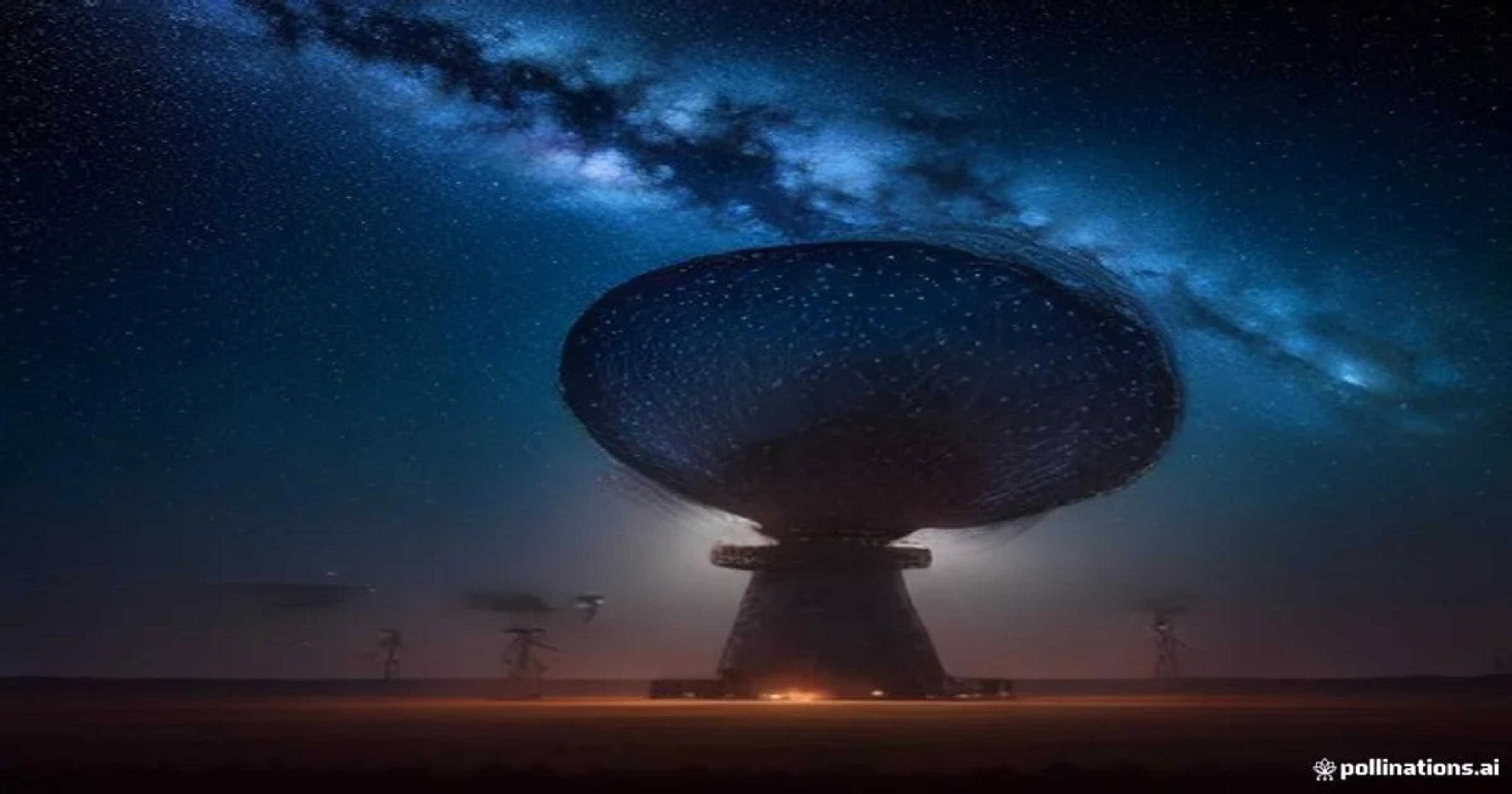 A sophisticated radio telescope array capturing deep space signals with digital AI overlay.