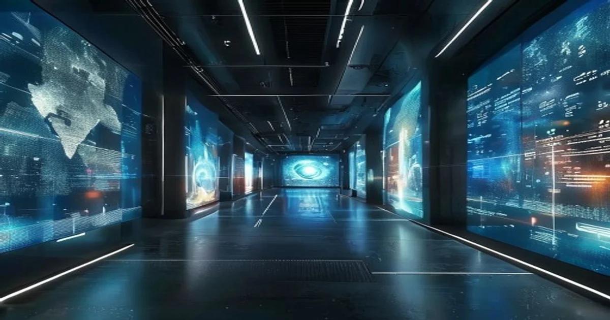 A modern museum interior featuring holographic artifacts and digital data visualizations on display.