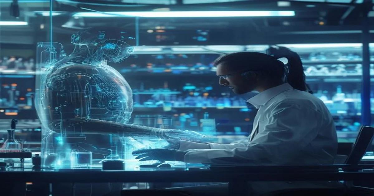 A human scientist interacting with a glowing, holographic AI interface, symbolizing a collaborative research environment in a sophisticated laboratory.