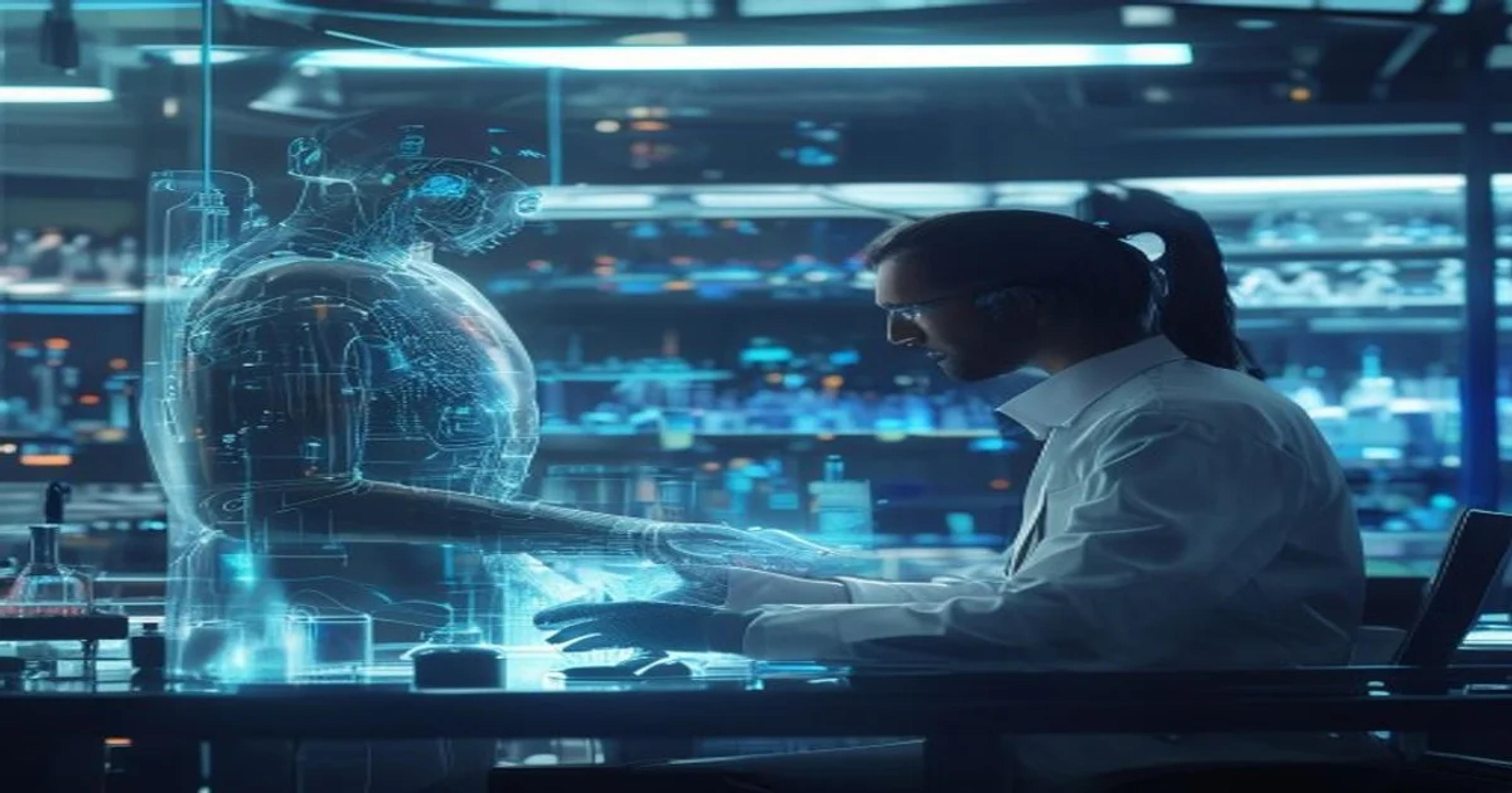 A human scientist interacting with a glowing, holographic AI interface, symbolizing a collaborative research environment in a sophisticated laboratory.