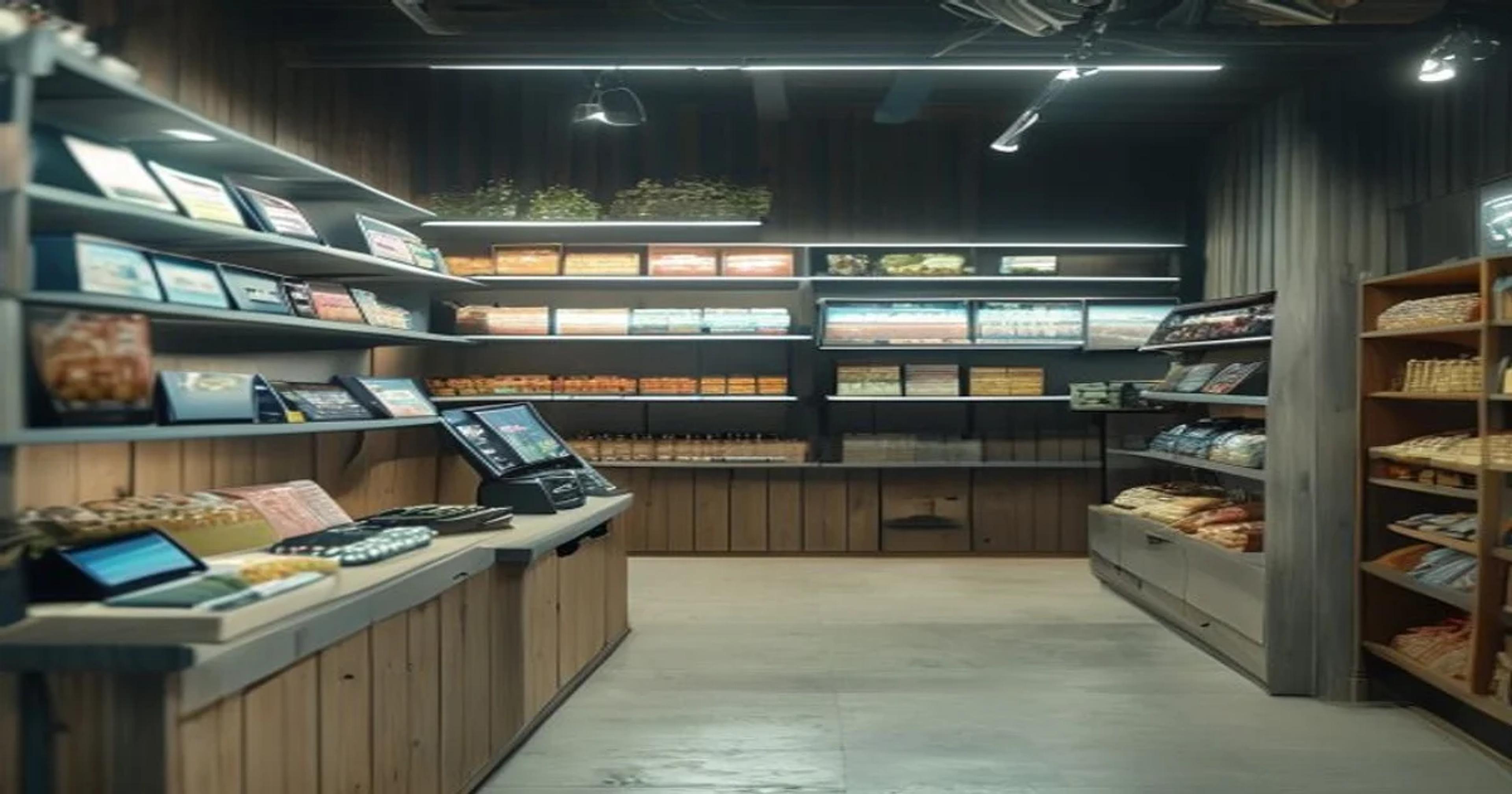 A rural shop owner using a tablet for smart inventory management in a rustic store setting.
