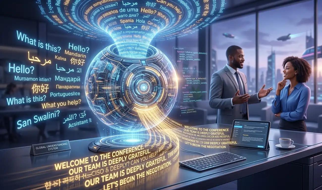 Futuristic holographic sphere translating glowing text from multiple languages into a unified stream, representing the power of AI to break down global communication barriers