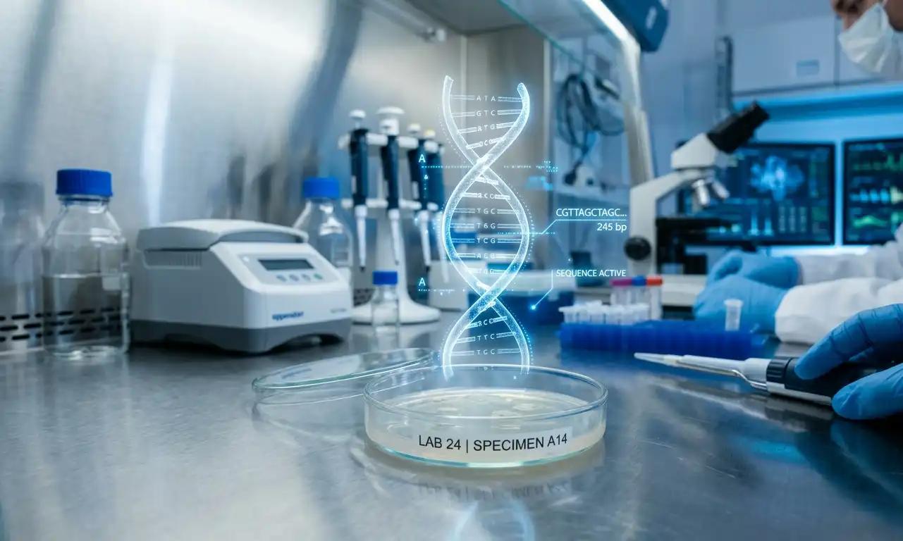 A modern clinical laboratory setting featuring a glowing digital DNA hologram over a petri dish, representing the integration of artificial intelligence and advanced biotechnology