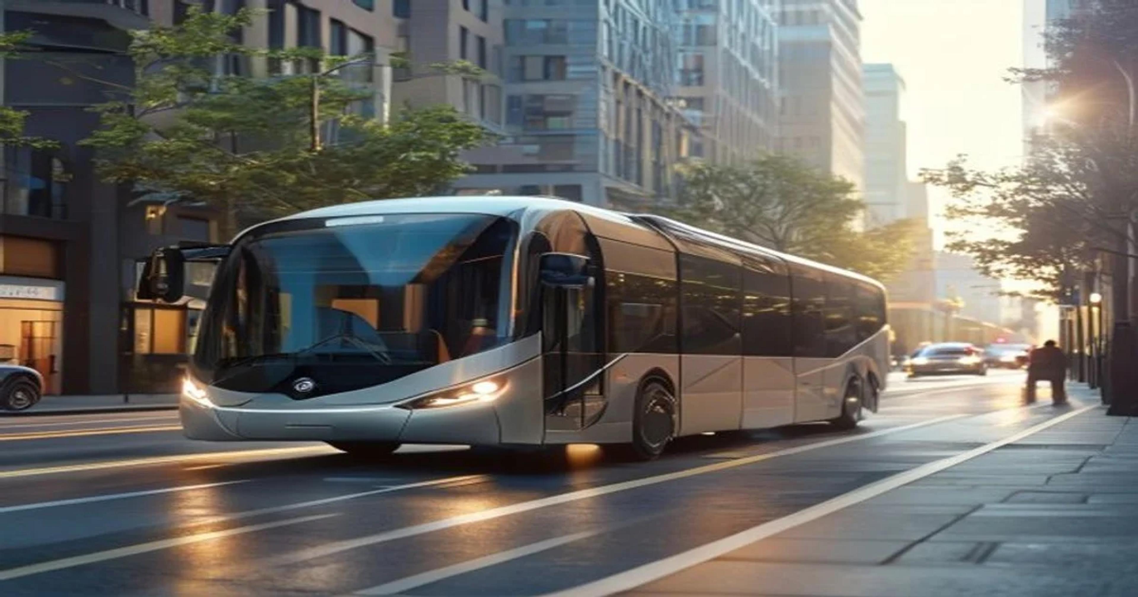 An AI-powered smart transit bus navigating a city street with advanced accessibility features.