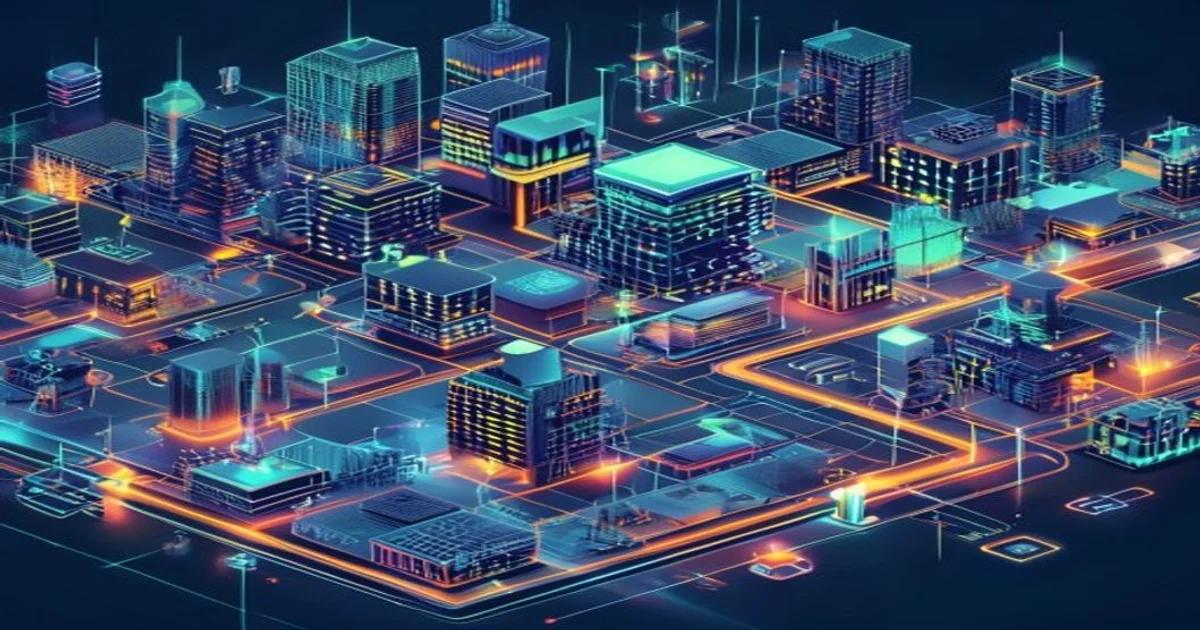 A conceptual visualization of an AI-optimized urban city grid with layered zoning analytics.
