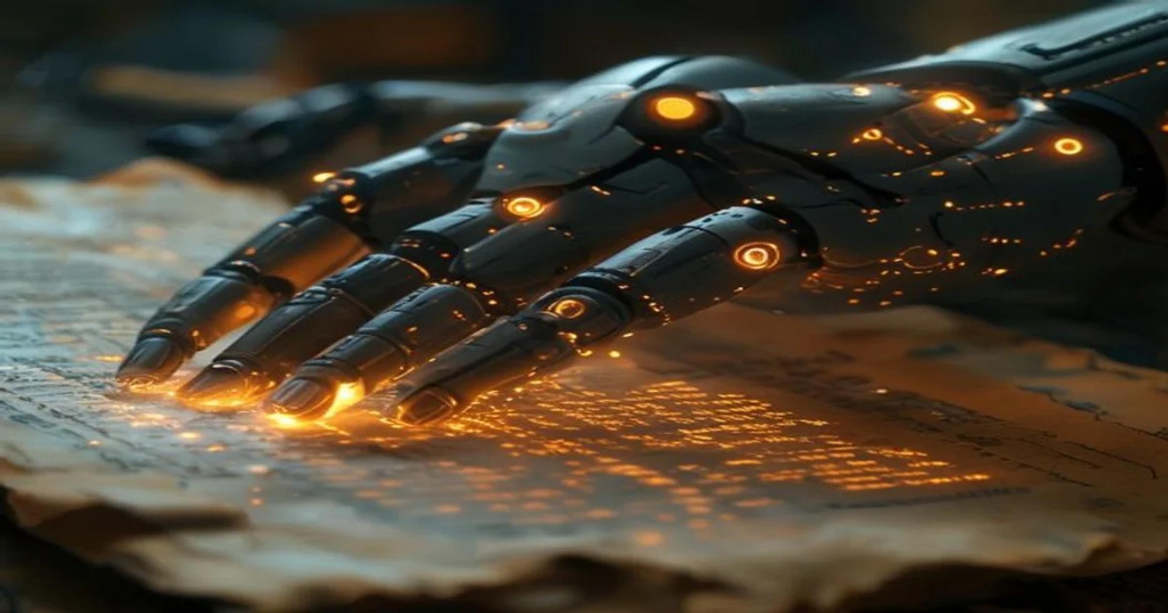 A conceptual image showing advanced AI technology scanning and restoring an ancient historical manuscript.