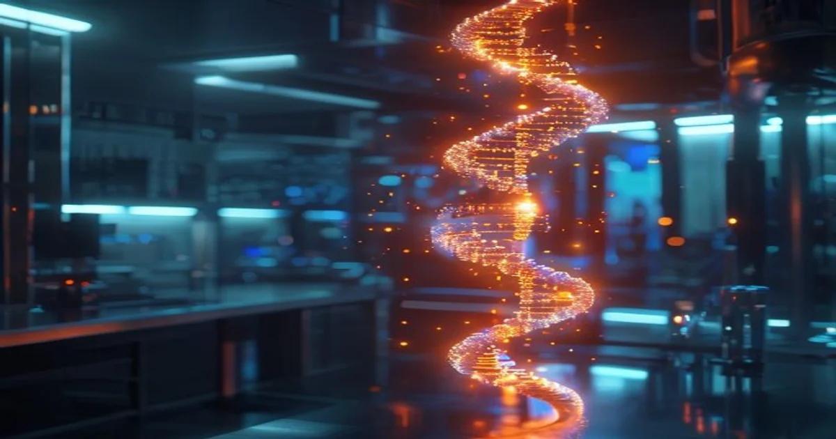 A glowing digital DNA double helix representing AI-driven genetic analysis for medicine.